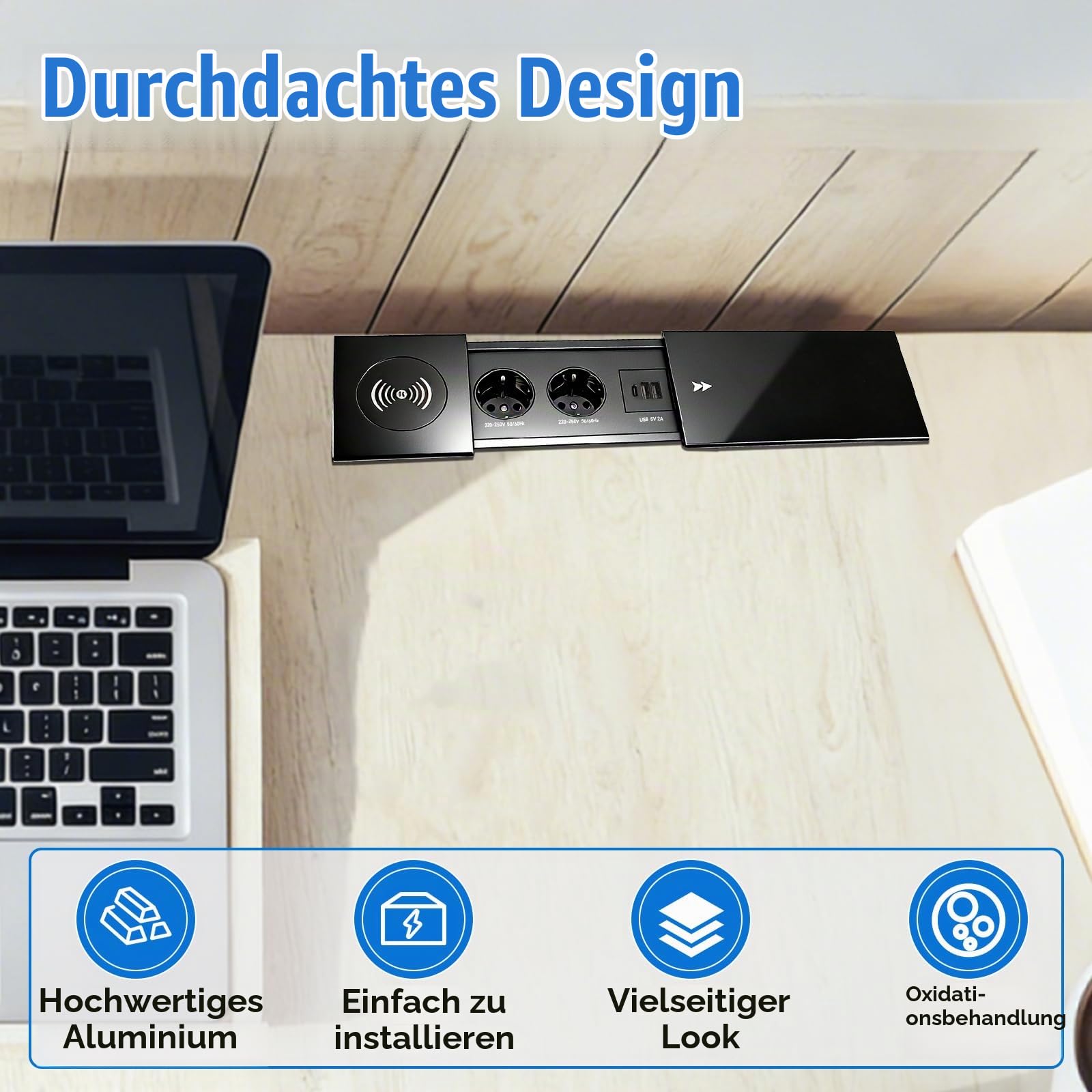 Versenkbare Steckdose, Ausziehbare 2-Fach-Steckdosenleiste mit USB-C PD 20W und 2 USB-A-Anschlüssen, Tischsteckdose mit 15W kabelloser Ladefunktion für Schreibtisch, Küche, Büro oder Couchtisch