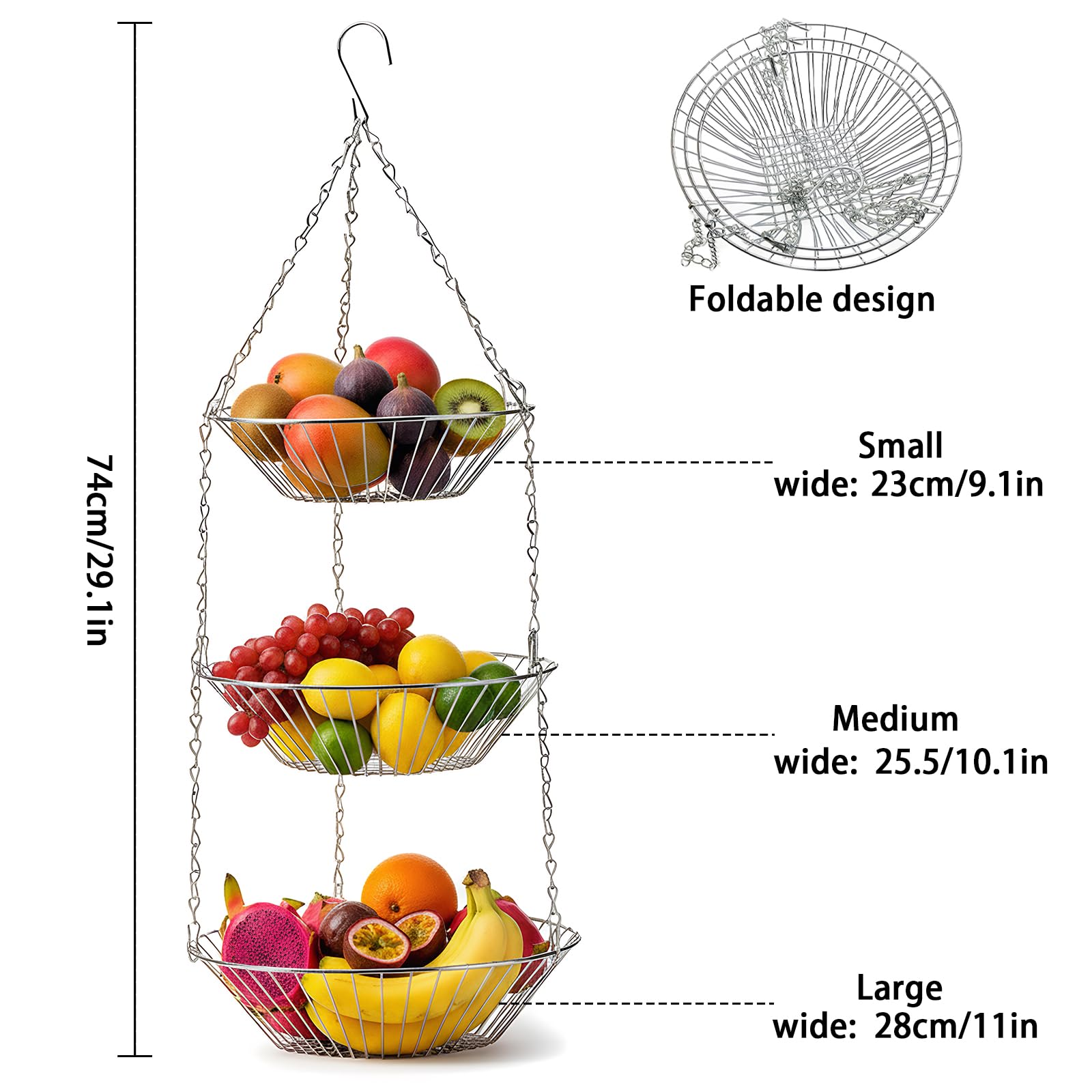 Edelstahl Hängender Obstkorb, Metall Hängender Obstkorb mit Haken, H x D: 74 x 28 cm, Obstschale, Ideal zur Aufbewahrung von Obst, Gemüse, Brot und Lebensmitteln