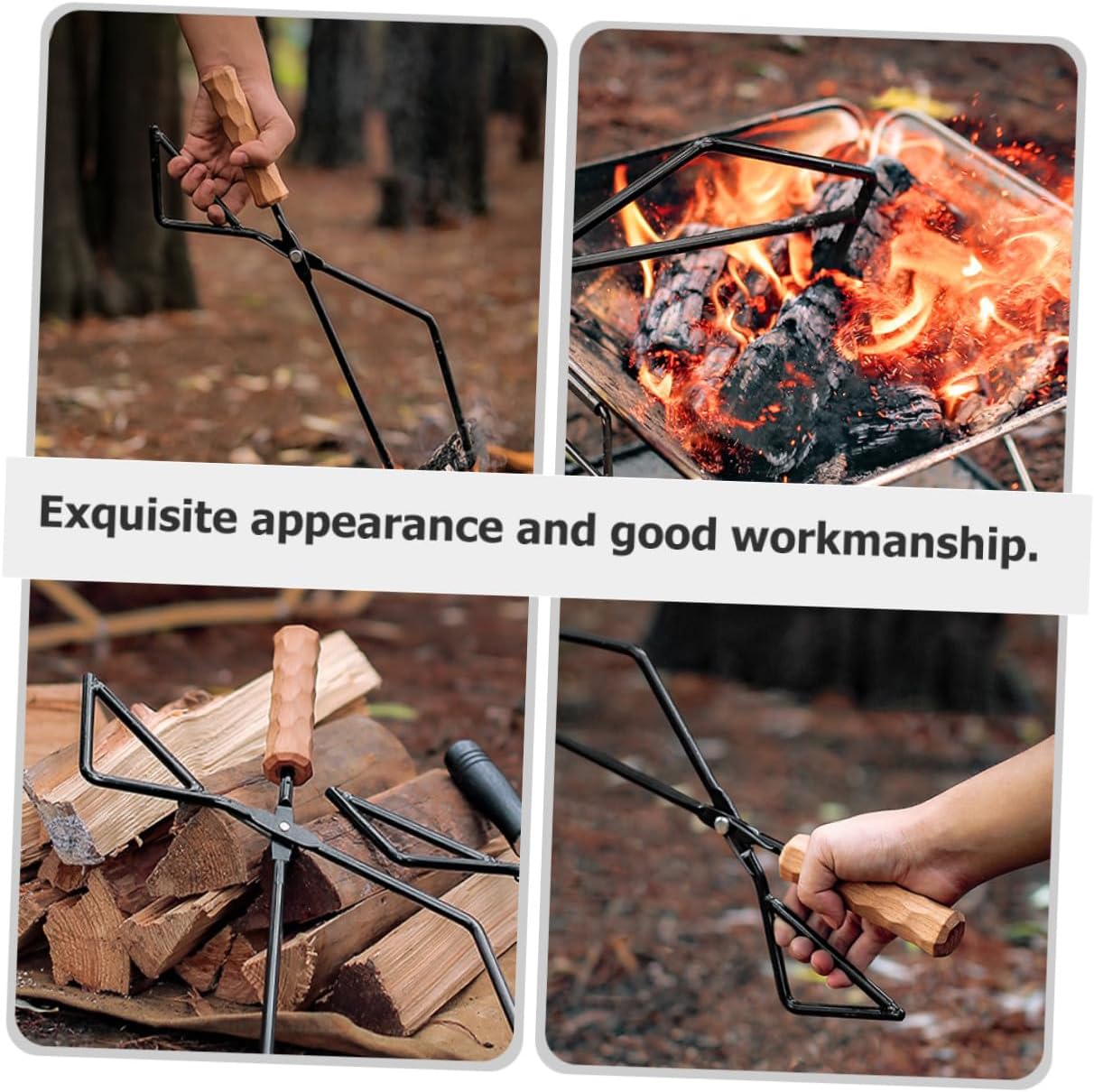 Outdoor Metal Bbq Tongs with Beech Wood Handle Charcoal and Firewood Grabber for Camping Barbecue Fireplace Use for Picnic and Stove Pits