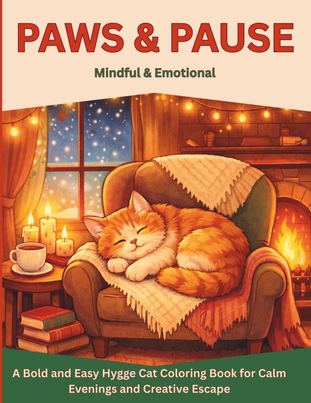 PAWS & PAUSE: A Bold and Easy Hygge Cat Coloring Book for Calm Evenings and Creative Escape