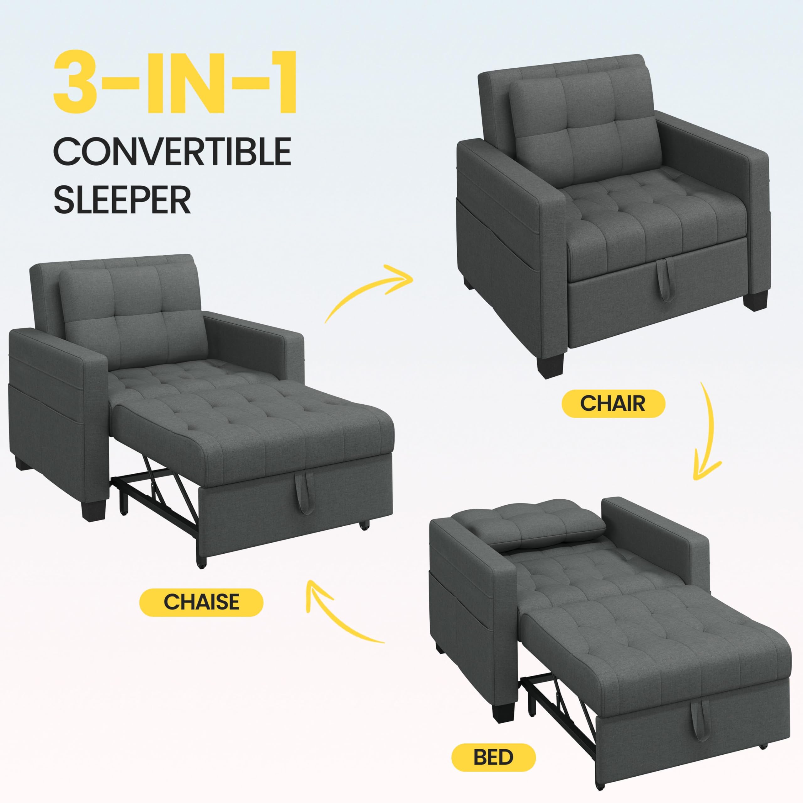 Yaheetech Divano Letto 3 in 1 Imbottito Divanetto Singolo con Schienale Regolabile Divano a 1 Posto per Soggiorno Camera da Letto Poltrona Pieghevole Ufficio Appartamento Grigio Scuro