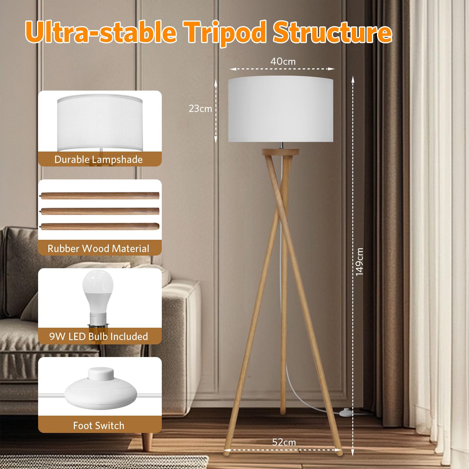 BBHome Lámpara de pie escandinava con bombilla LED E27 de 9 W, pantalla blanca, moderna para dormitorio, estudio y oficina
