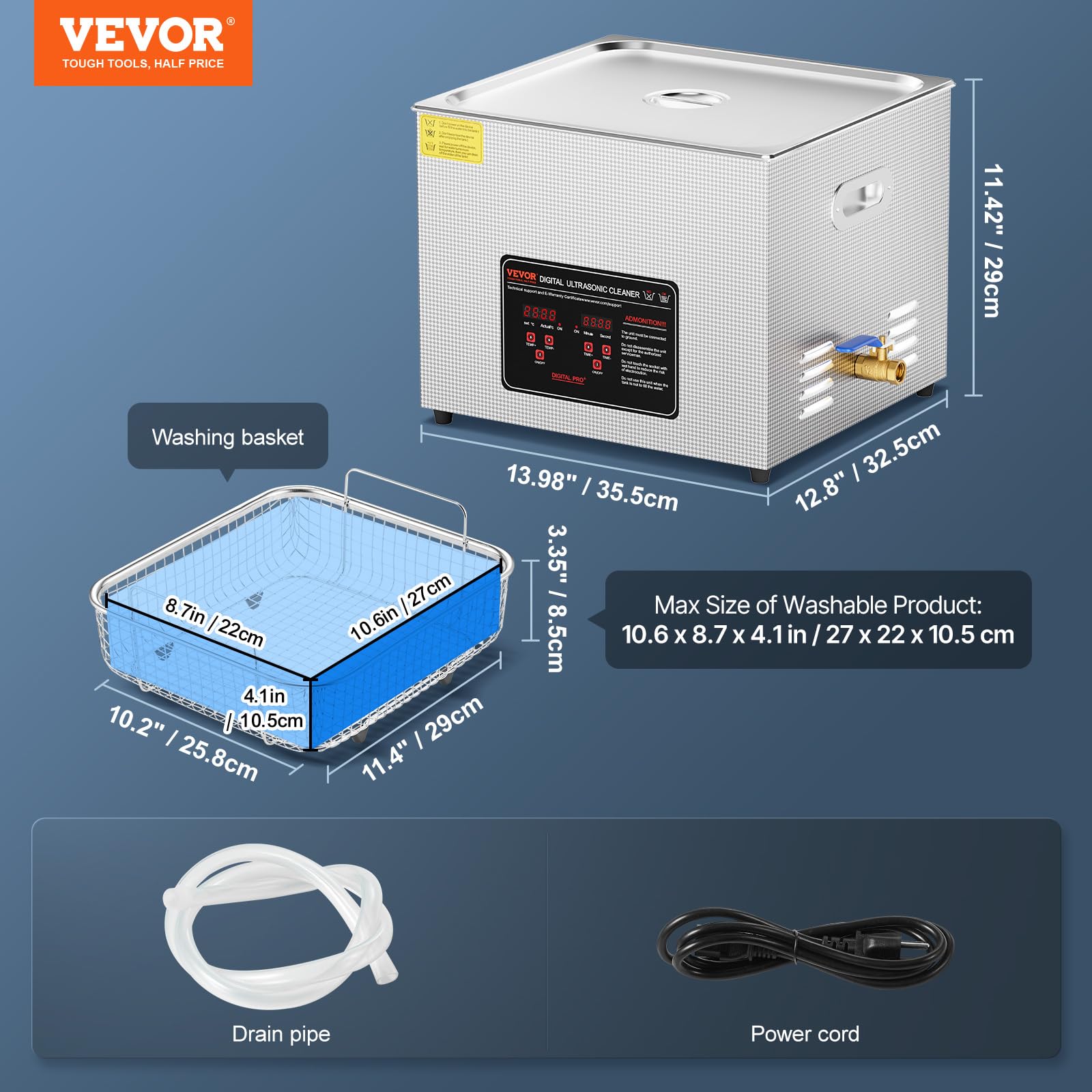 VEVOR Nettoyeur à Ultrasons Numérique 15 L, Bac Ultrasons 360 W, Appareil de Nettoyage Ultrasonique Professionnel avec Minuterie, Chauffage et Panier, pour Montres, Lunettes, Bijoux, Labo Clinique