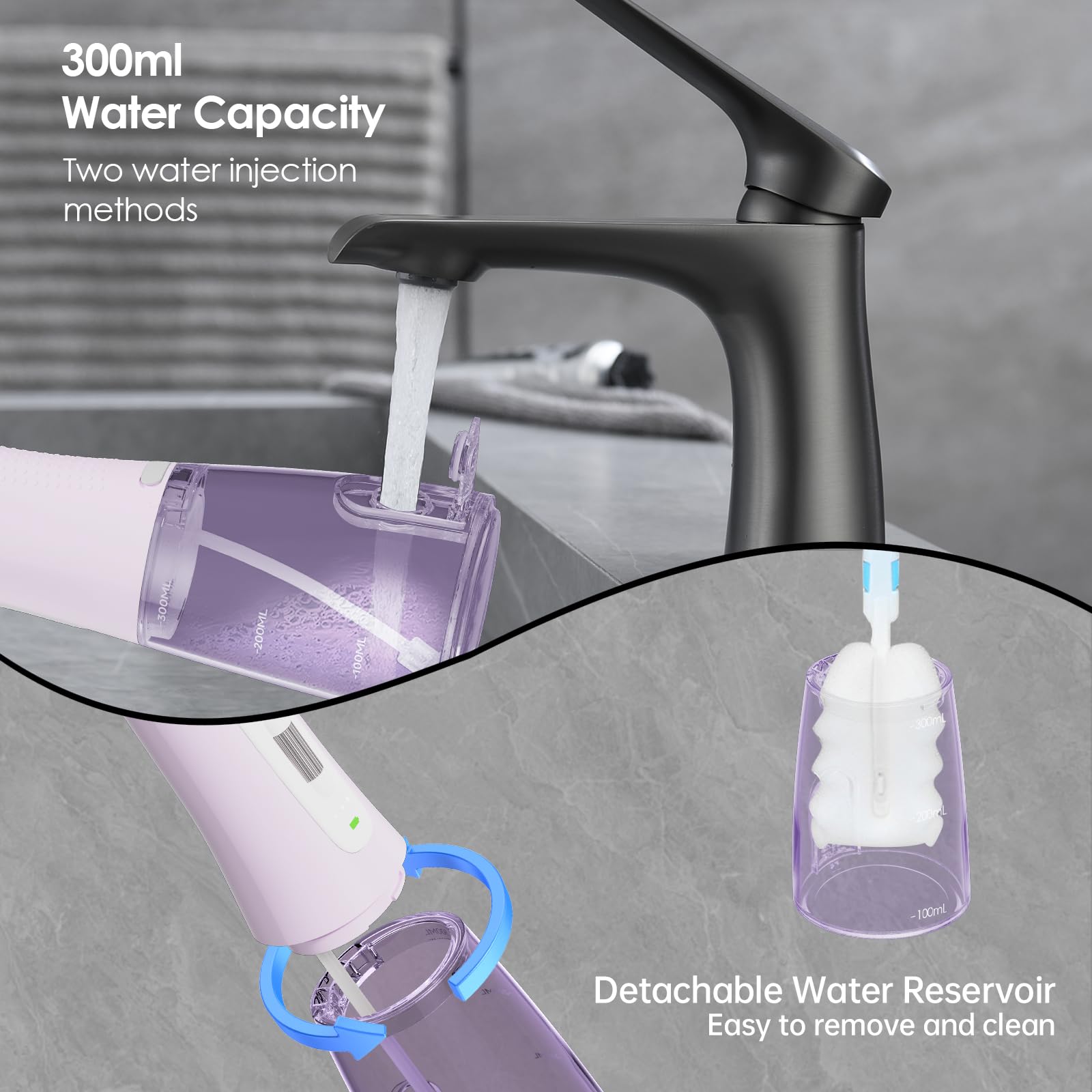300 ml lange Akkulaufzeit, Wasserseide, einstellbarer Druck, Munddusche mit 4 austauschbaren Düsenspitzen für Implantate, Zahnspangen, zurückkehrendes Zahnfleisch (Hellviolett)