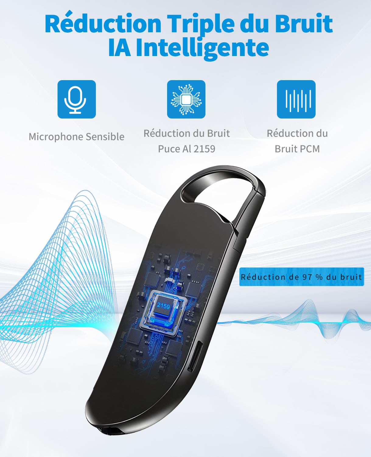 Enregistreur Vocal 64Go, Mini Enregistreur avec 900H de Mémoire, USB C Dictaphone Portable avec Activation Vocale pour Conférences Entretiens Réunions Cours
