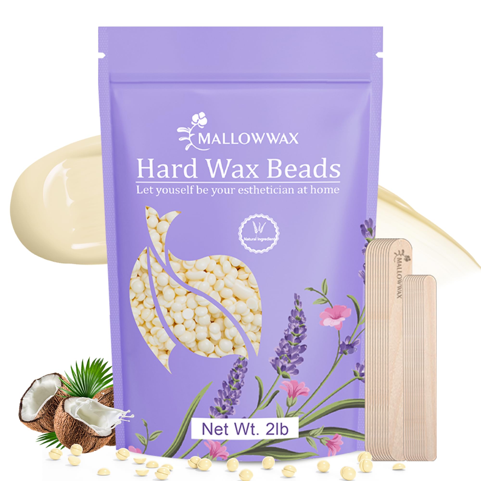 Mallowwax Hard Wax Beads, 2LB Coconut Cream Wax for Sensitive Skin, Gentle Hair Removal for Face, Bikini, Legs & Brazilian, No Strips Needed & Easy to