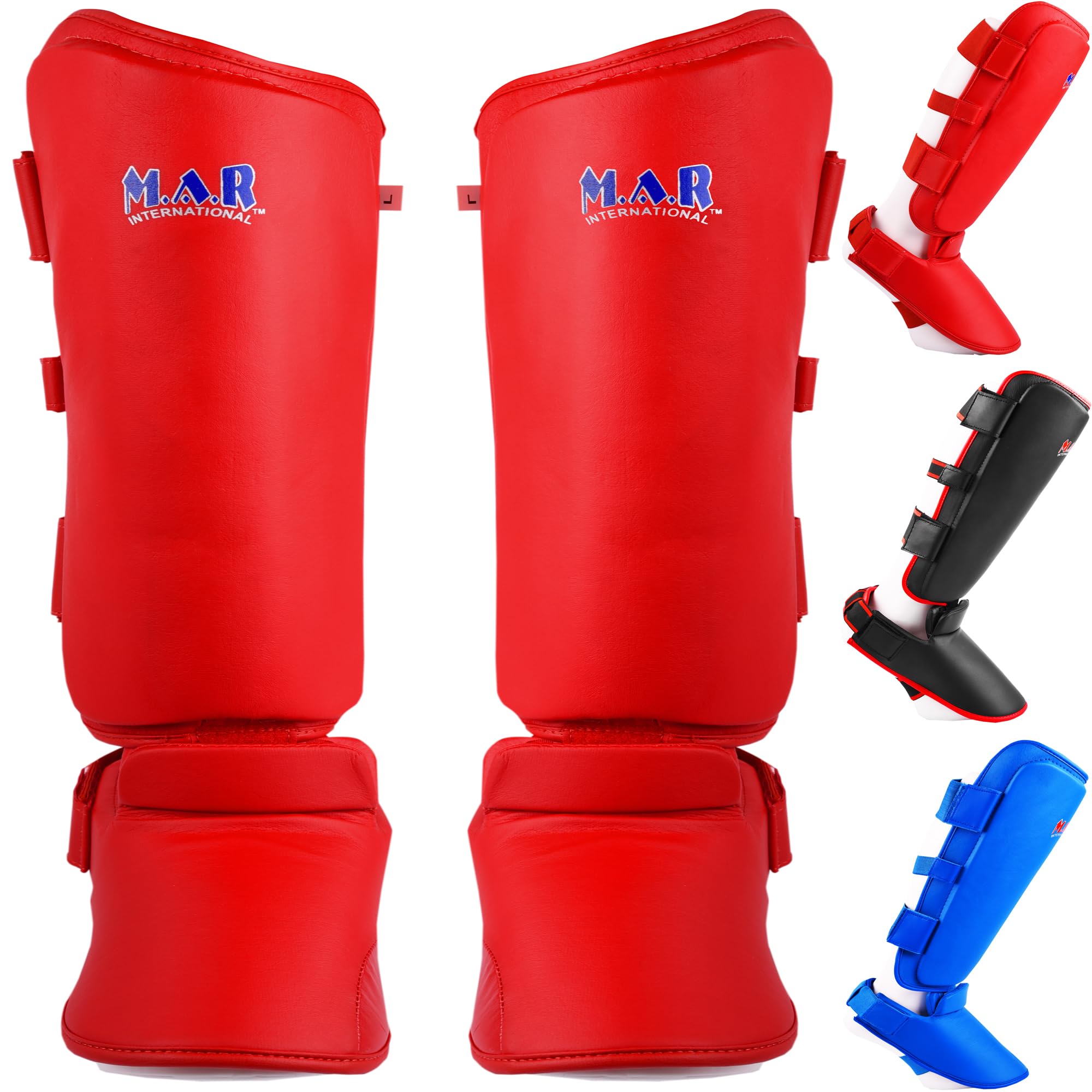 MAR | Red Shin and Instep Guards for Kickboxing, Muay Thai Shin Guard, MMA Foot Protector Training Leg Guards, BJJ, Taekwondo, Martial Arts Shin Pads for Training and Competition (L)