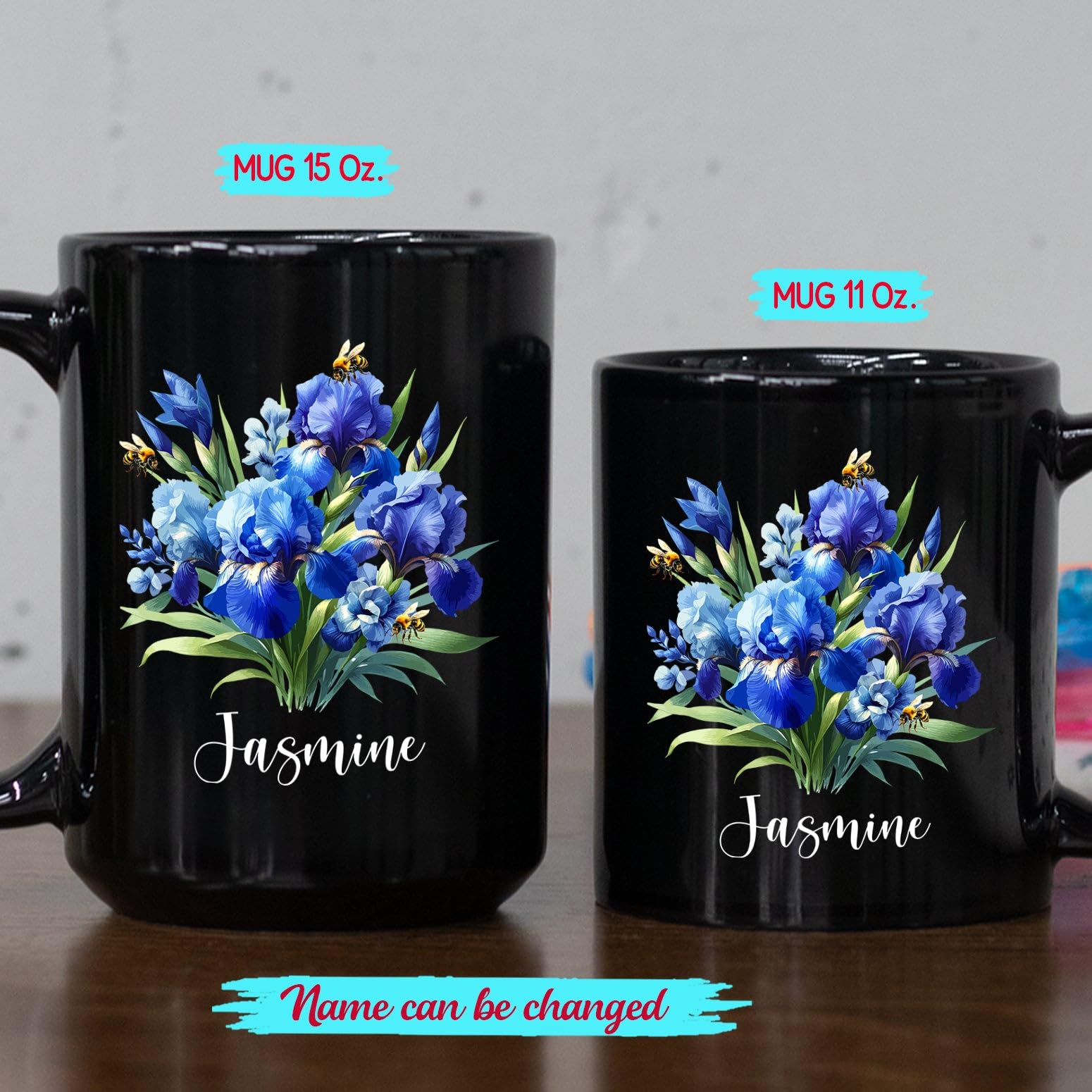 Personalized Iris Flower Coffee Mug Cup Gift For Birthday Christmas, Beautiful Iris Coffee Cup, Custom Choose Name Iris Lover Black Ceramic Mug 11 Oz 15 Oz, Iris Floral Travel Mug, Unique Iris Teacup