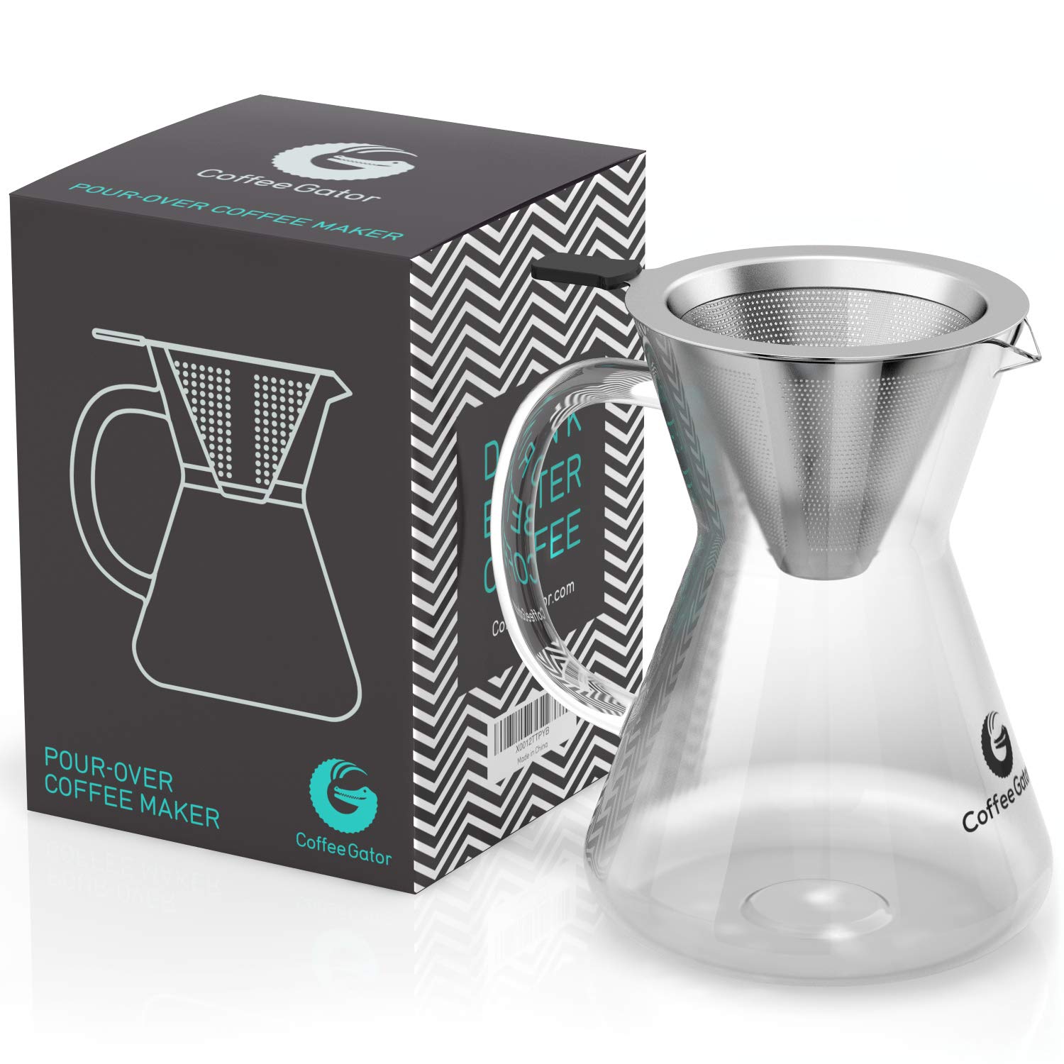 Coffee Gator Caffettiera Pour Over con filtro permanente in acciaio inox e caraffa. Dripper per fare il caffè (400ml)