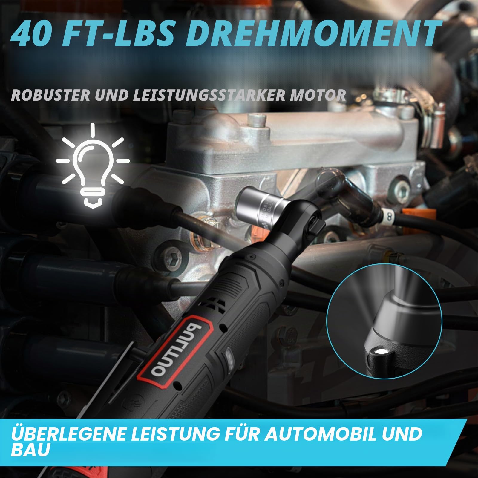 PULITUO Elektrische Ratschenschlüssel Set, 12V Akku Ratschenschlüssel 3/8" mit 2pcs 2000mAh Akkus und Ladegerät, 50N.m, 10 Steckdosen und LED-Licht