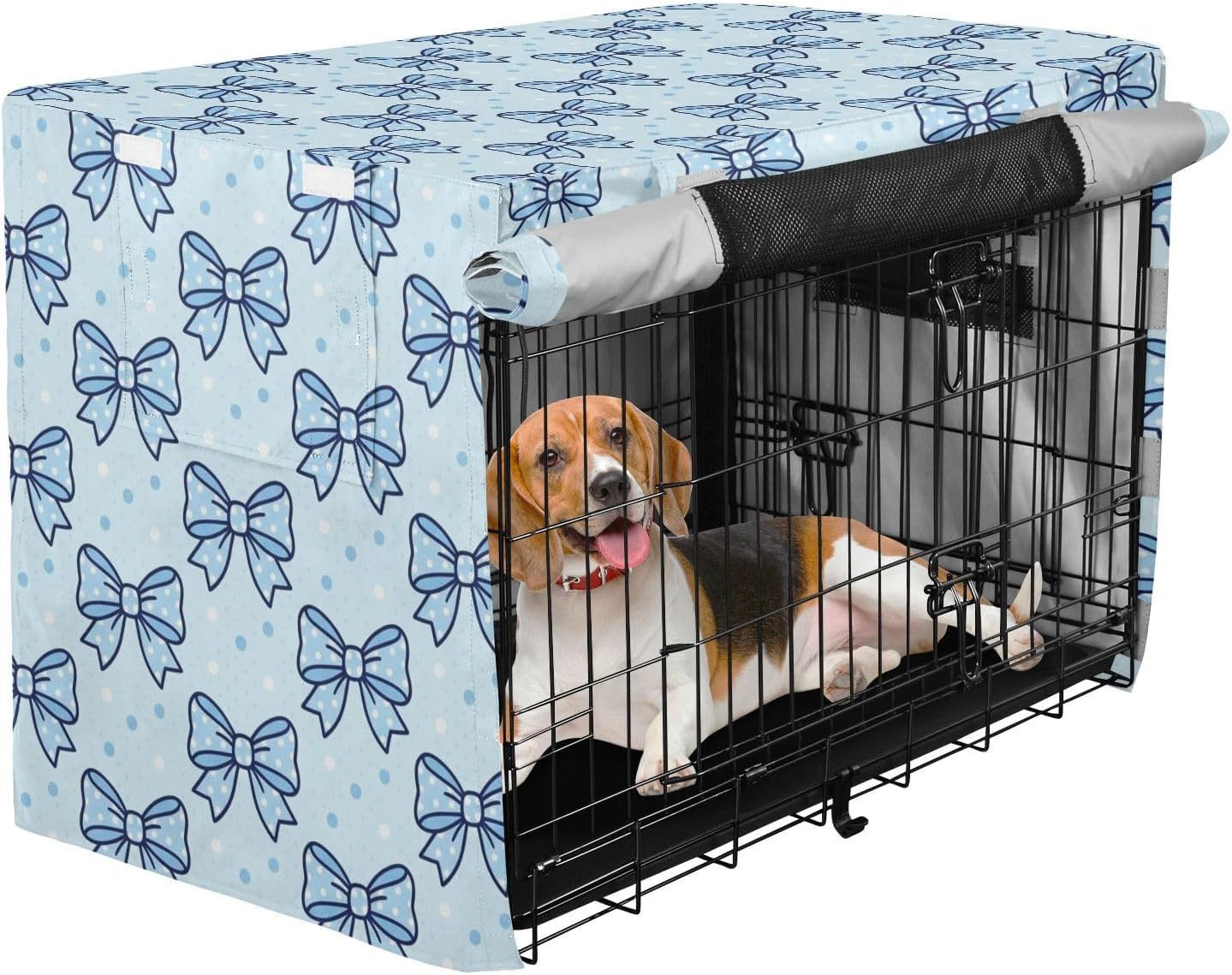 Duty 600D Silver Coated Dog Crate Cover, Water-Resistant Bow Print Pet Kennel Canopy with Mesh Windows for Optimal Ventilation, Universal Fit for Standard Wire Cage, Indoor & Travel