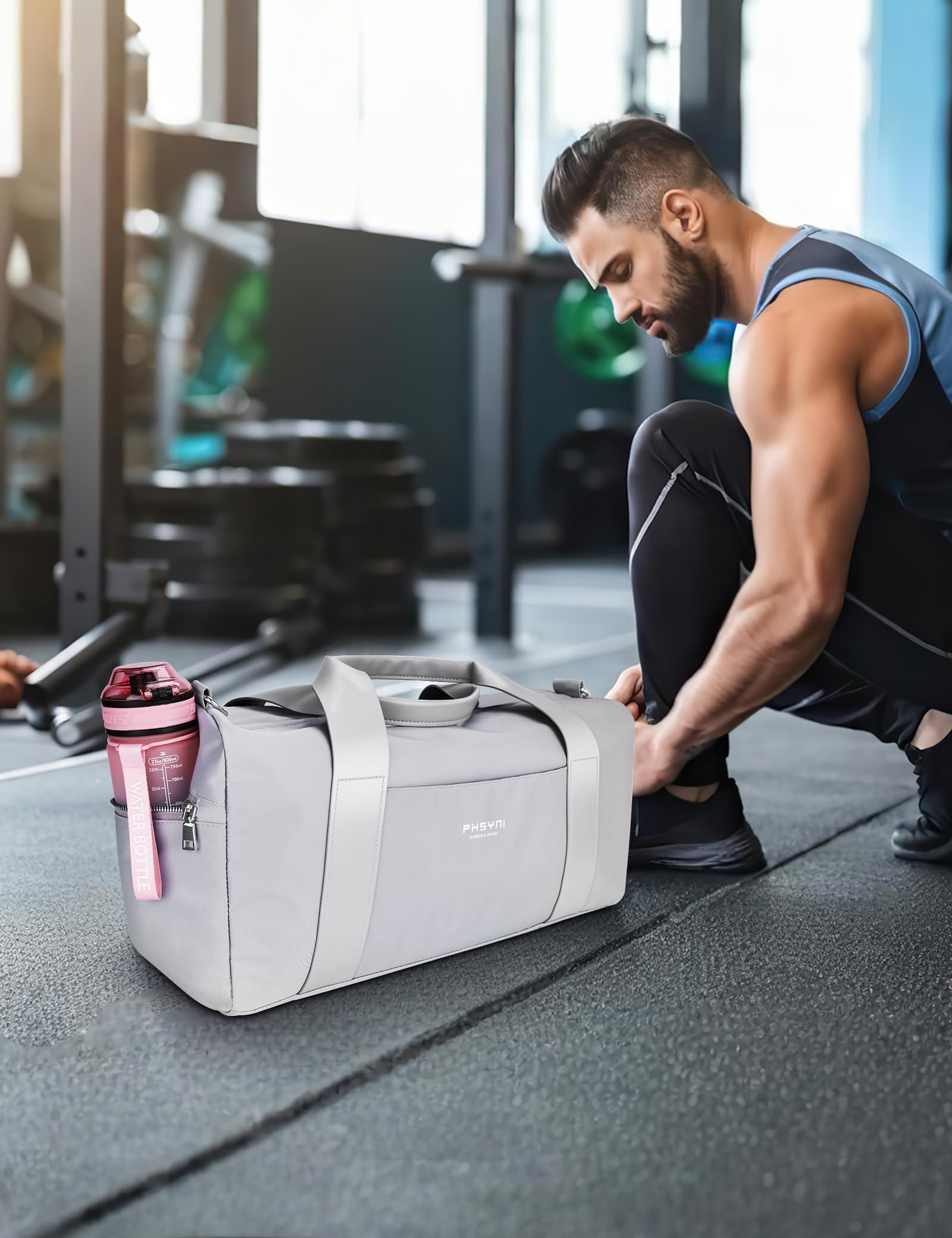 Borsa da palestra per donne, ragazze e uomini, Grigio, 19" Medium Size, Manico in pelle PU facile da trasportare