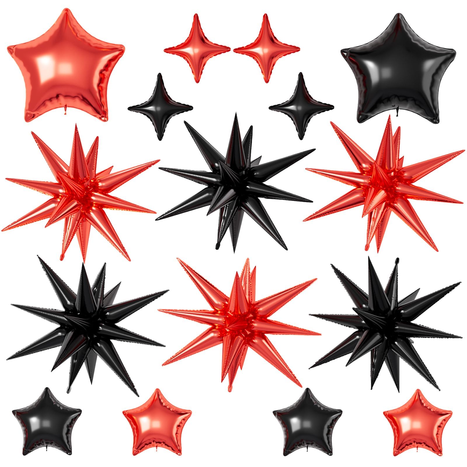 Red Black Star Balloons, 22/18/10 Inch Foil Balloons, Explosion Conee Four-Pointed Balloon for Women Men Birthday Graduation Prom Wedding Baby Shower