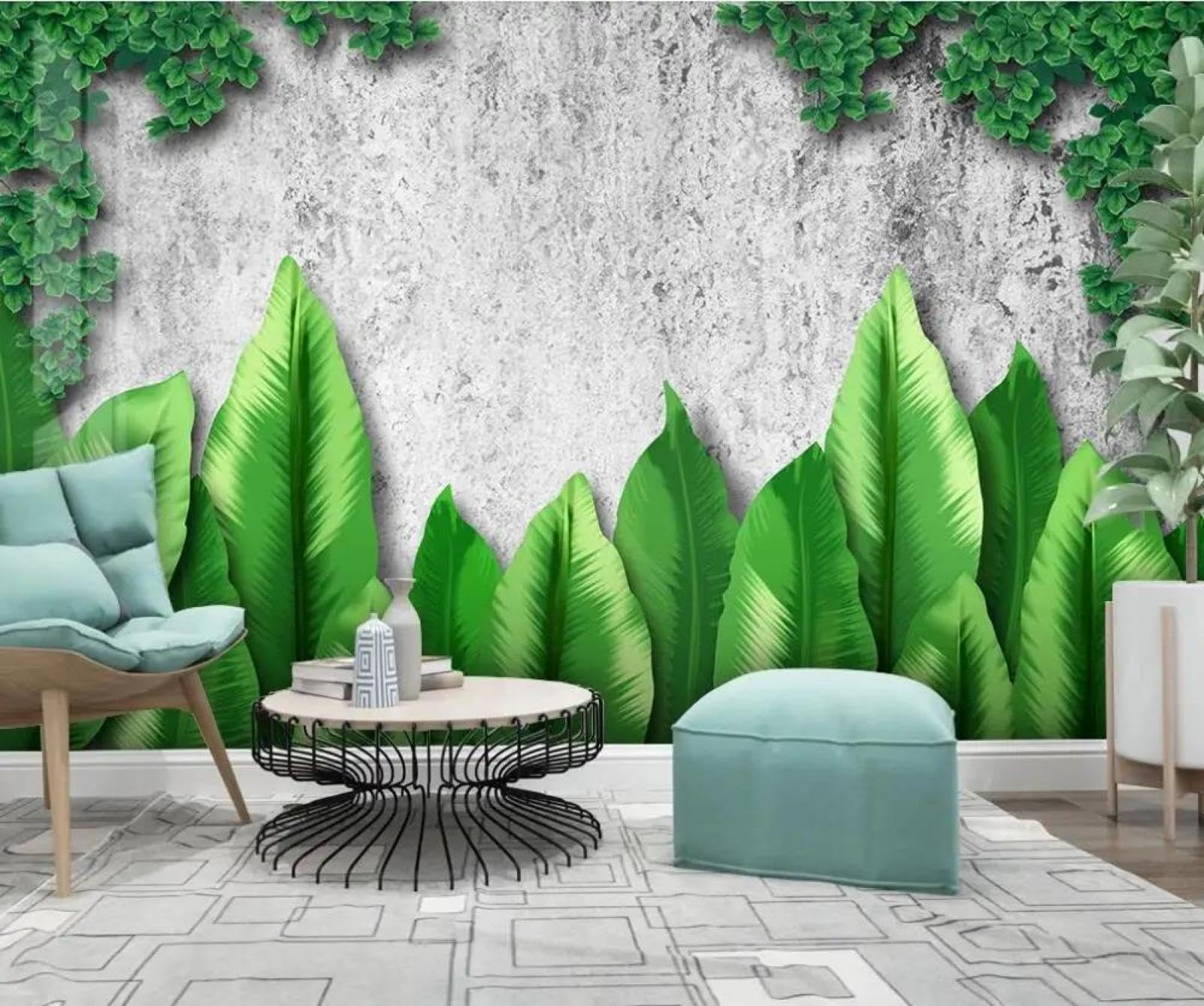 Papier peint 3d feuilles vertes ILIYA, revêtement mural intissé d'exception pour salon