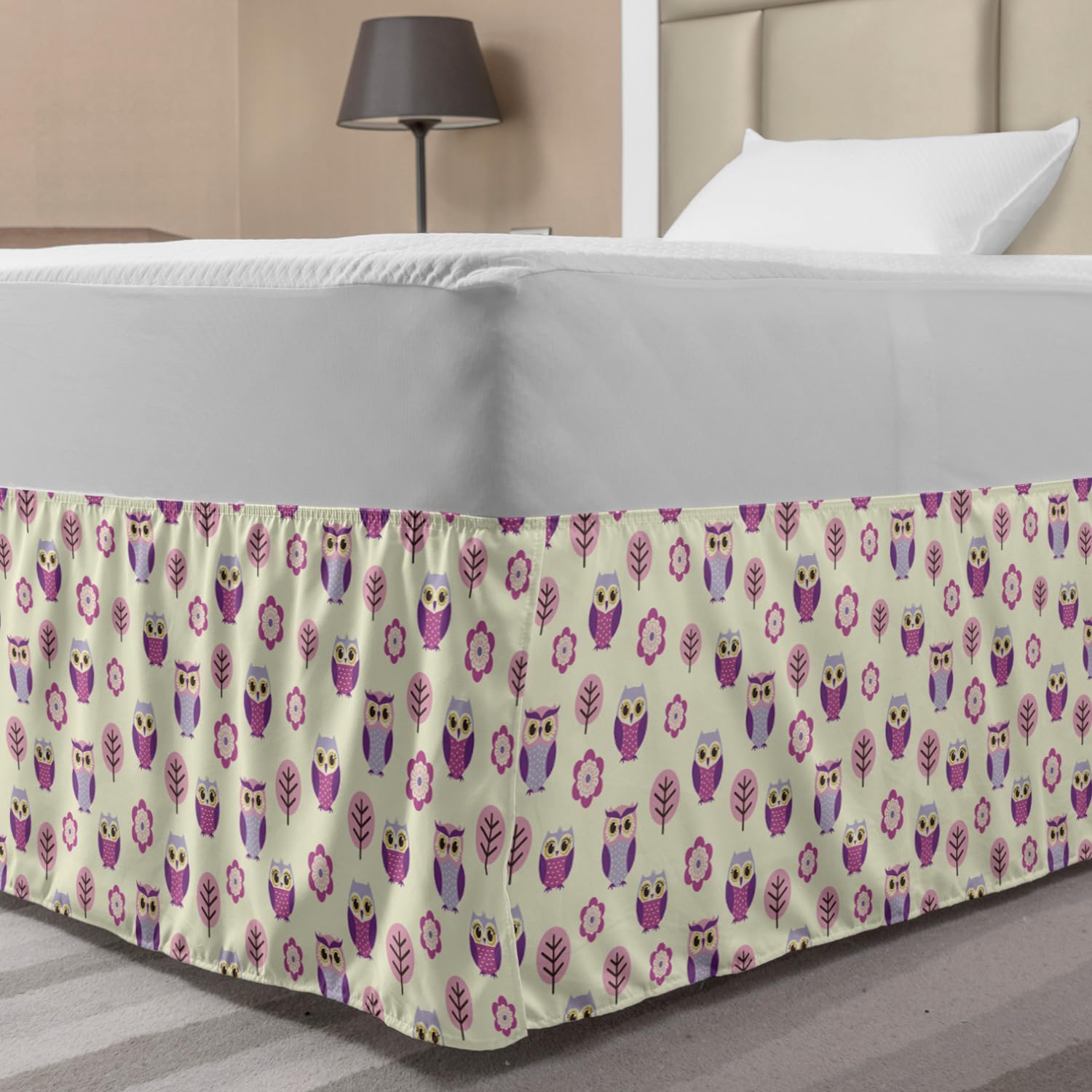 Lunarable Owls Bed Skirt Owl Cartoon Pattern Feminine Soft Colors Happy Springtime Elastic Bedskirt Dust Ruffle Wrap Around