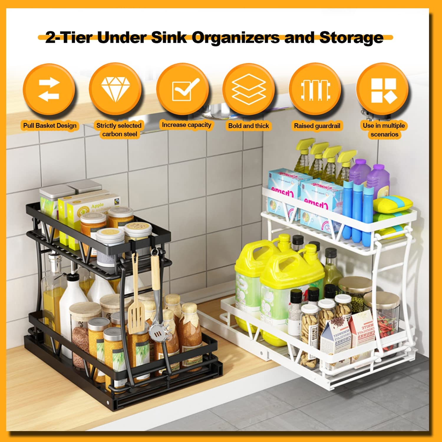 AVSMGP Scaffale portaoggetti per armadietto, Organizer Sottolavello Cucina, Organizer Cucina, Scaffale portaoggetti per armadietto con 2 cassetti scorrevoli per Ufficio Cucina,Nero
