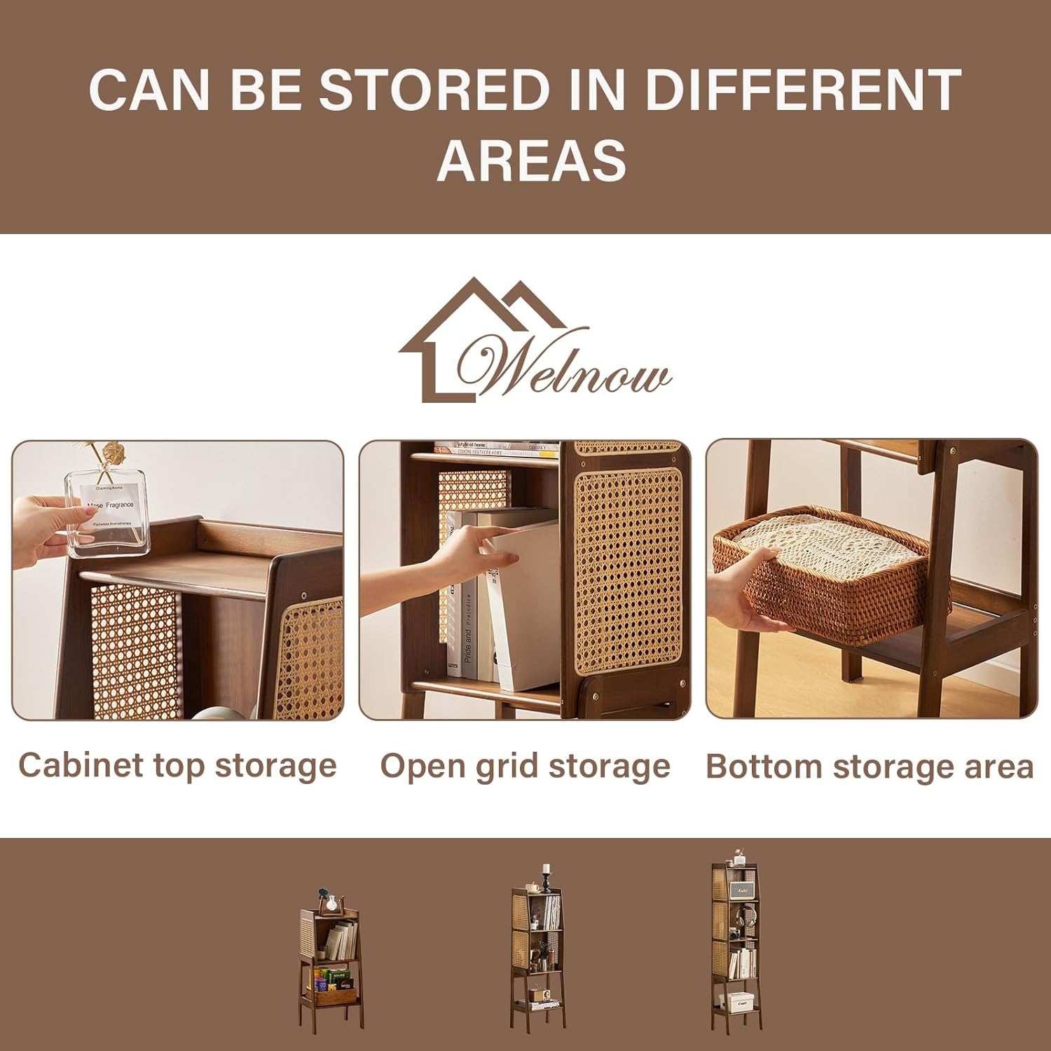 Welnow Bamboo Rattan Bookcase with Cabinet, 3-Tier Storage Shelf with Side Table & End Table Function, Large Modern Wood Organizer for Living Room or Bedroom, Walnut Bookshelf