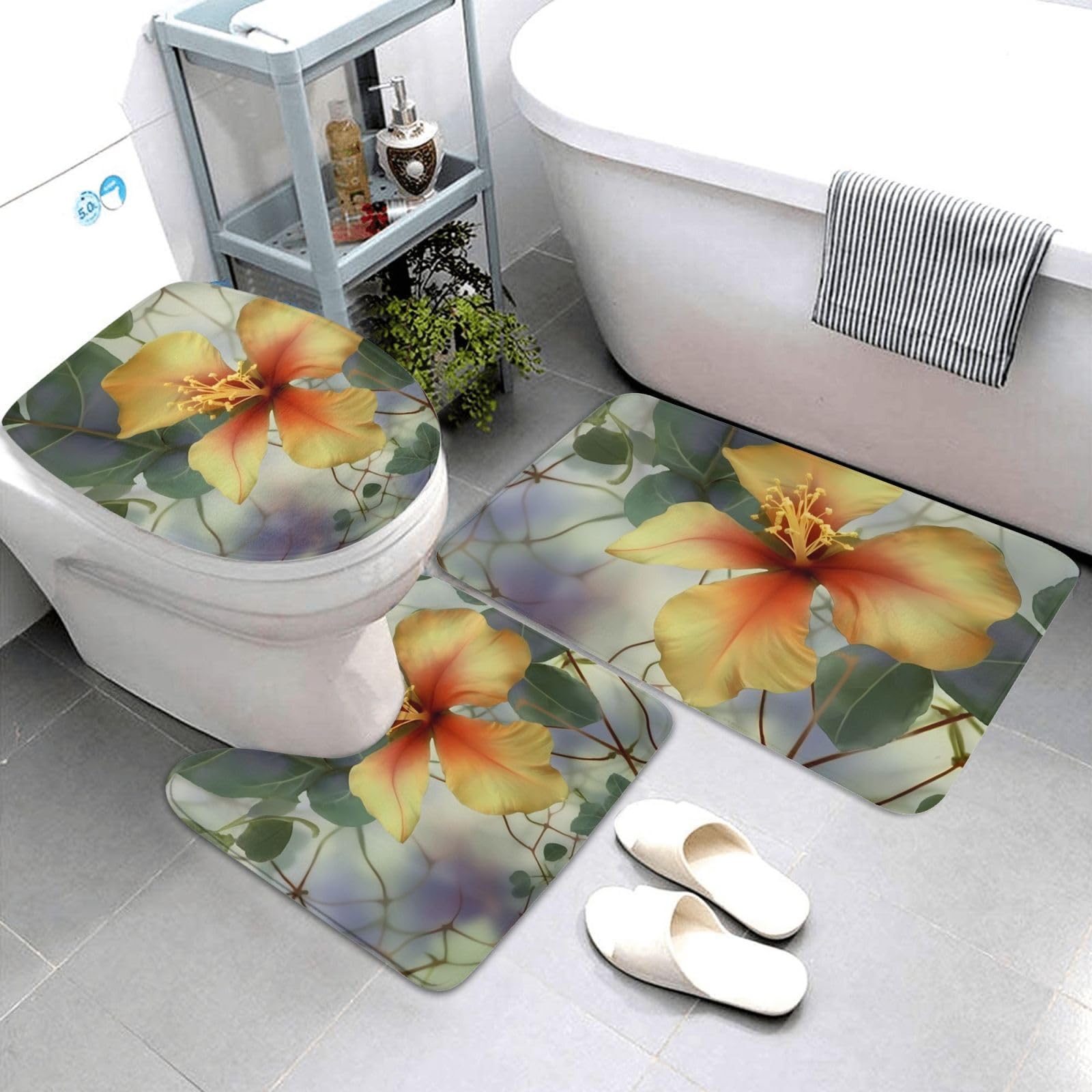 Tapis de bain 3 pièces eucalyptus vert lavable pour toilettes et douche