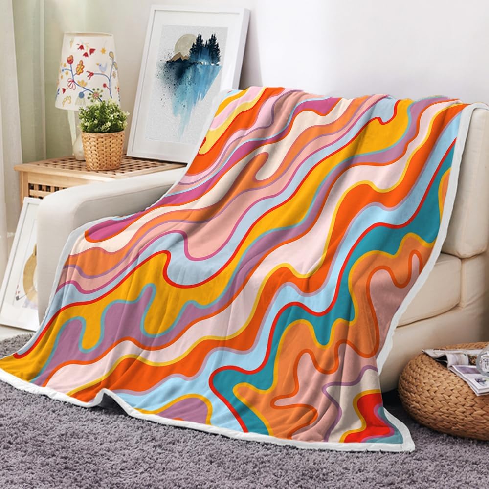 Retro 70s Hippie Throw Blanket Orange Pink Groovy Waves