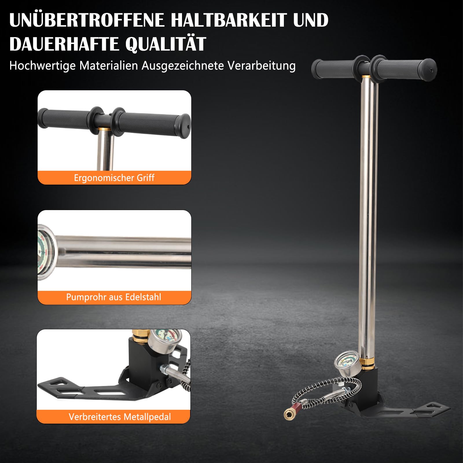 PCP Handpumpe 3-Stufiges Hochdruckpumpe 4500PSI/30MPa Hochdruckluftpumpe Luftgewehrpumpe mit Manometer, PCP Handpumpe für Luftpistole Bootsreifen Kajaks Autoreifen Motorrädern