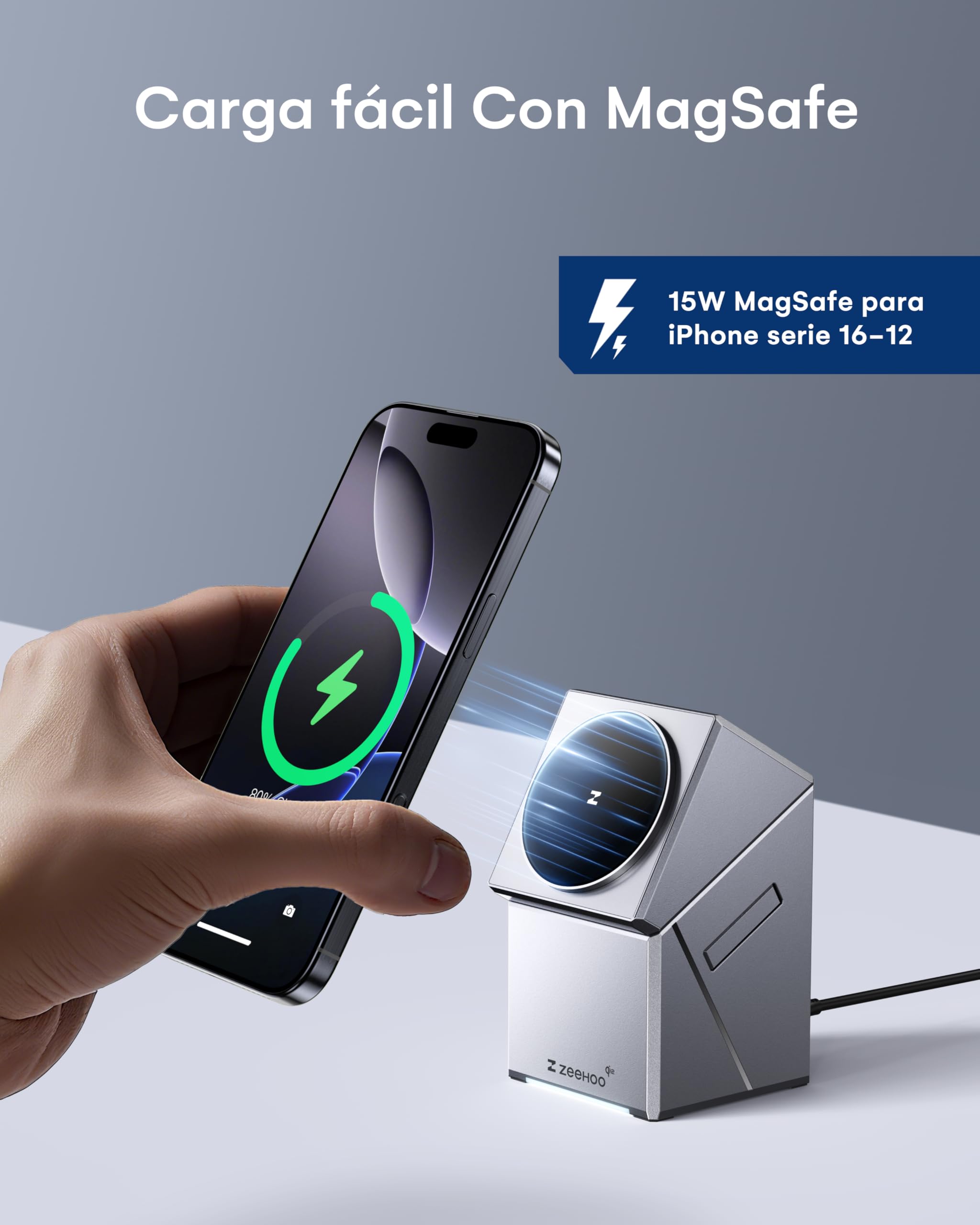 Estación de Carga Inalámbrica, Qi2 15W Fast Charge, Estación de Carga Inalámbrica 3 en 1 para Cargador de Apple Watch, para iPhone 16, 15, 14, 13, 12 Series, AirPods (Cargador USB-C de 30 W Incluido)