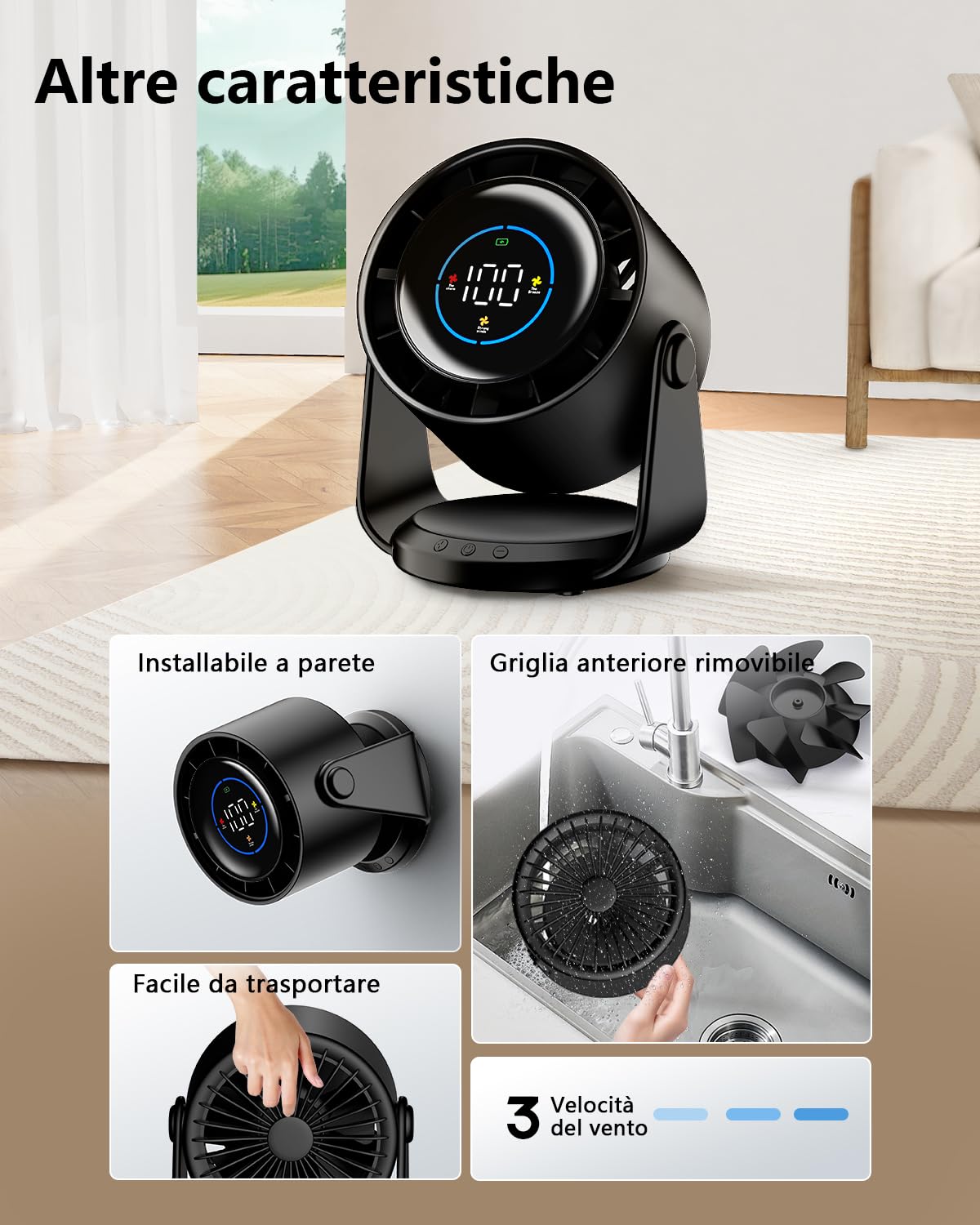 Ventilatore da Tavolo Silenzioso, Potente e Regolabile Display LED 100 velocità Ventilatore da parete Lnclinazione Variabile a 105° Raffreddamento silenzioso Per Camera, Soggiorno, Cucina, Viaggiare