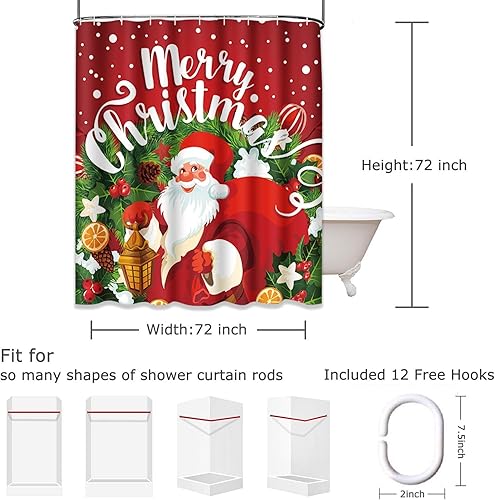 Miniatura 2 de Cortina de ducha con texto en inglés "Merry Christmas", con diseño de Papá Noel y bayas de acebo sobre fondo rojo, tela de poliéster impermeable, 72