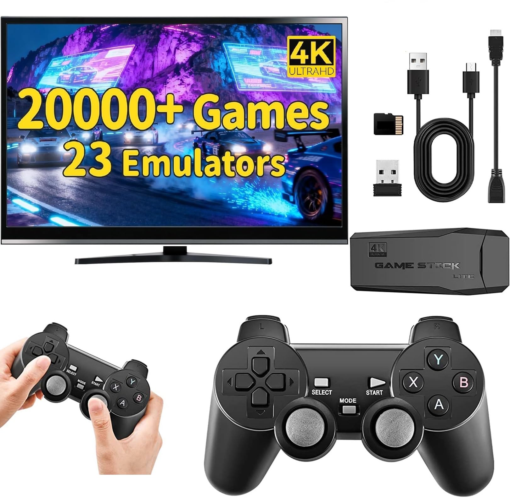 Retro Konsole Spielkonsole Game Stick Retrolink, 20,000+ Spiele mit 2 Gamepads Plug & Play Game Stick HDMI für TV, Geschenk für Familien & Erwachsene Spiele (19G)