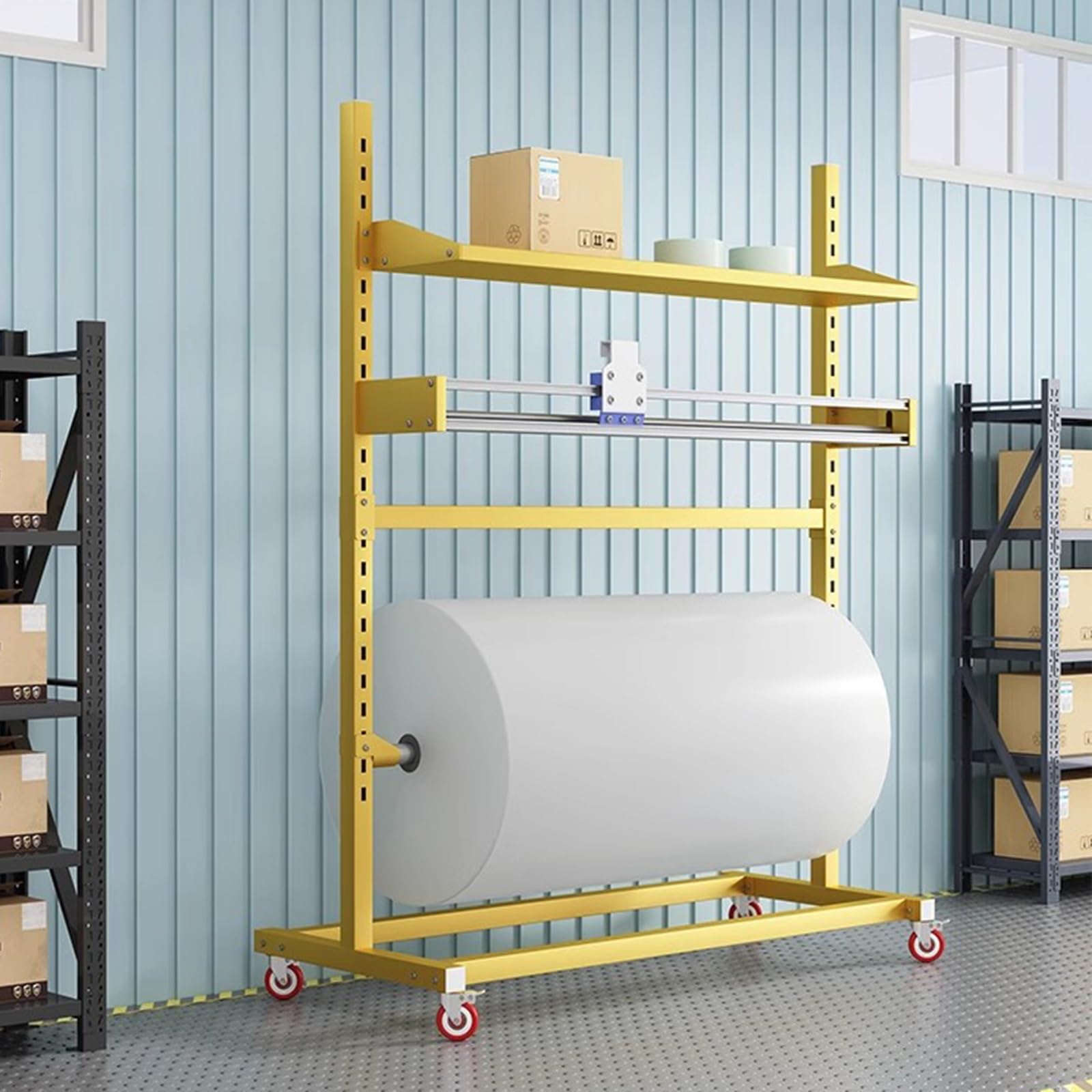 Dispenser mobile per pellicola estensibile da pavimento con taglierino, regolabile per pluriball e conservazione della schiuma, facile da usare e design durevole