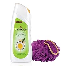 Santoor Hydrating Skin Body Wash, Virgin Coconut Oil & Moringa Extracts, Soap-Free, Paraben-Free, pH Balanced Shower Gel (230 ml) with Loofah