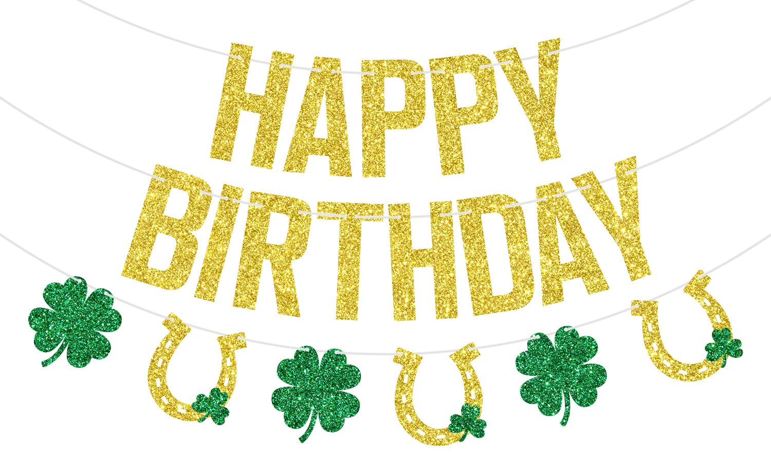 Décoration de trèfle porte-bonheur et bannière Happy Birthday pour anniversaire étincelant