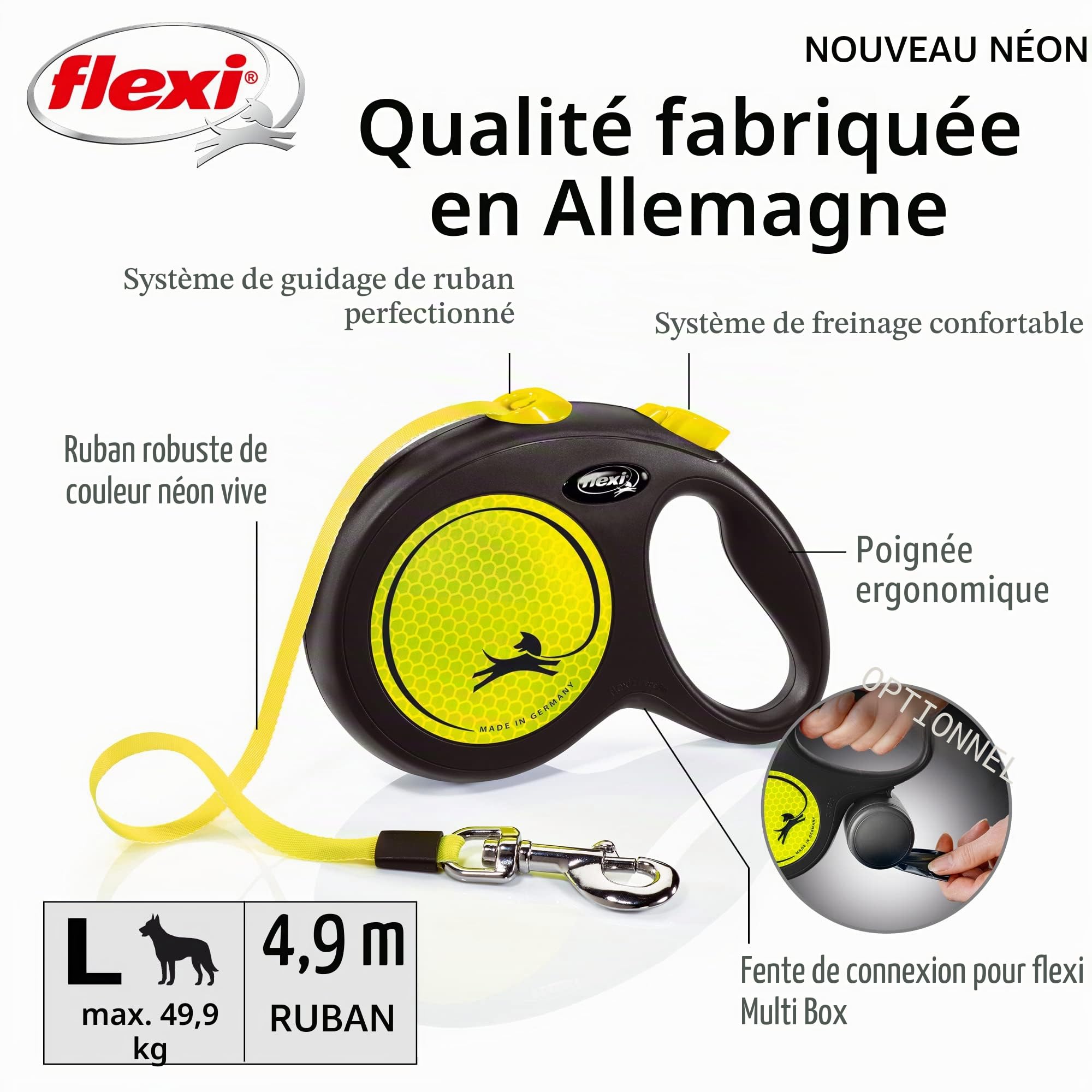 Flexi Laisse néon pour Chien avec Bande réfléchissante, Ergonomique, Durable et sans nœuds, 4,9 m, Taille L, Couleur Fluo/Noir