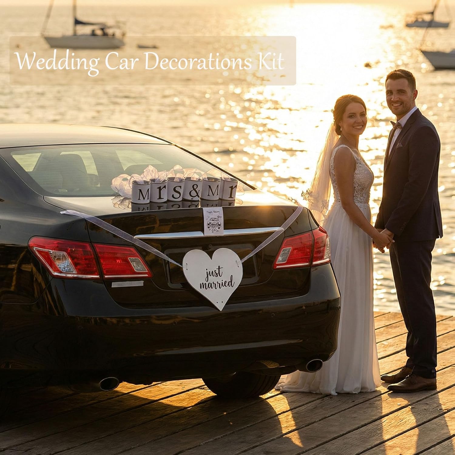 MR & MRS Wedding Tin Can Set with Heart “Just Married” Sign, Handmade Just Married Car Decorations for Wedding Getaway Decor