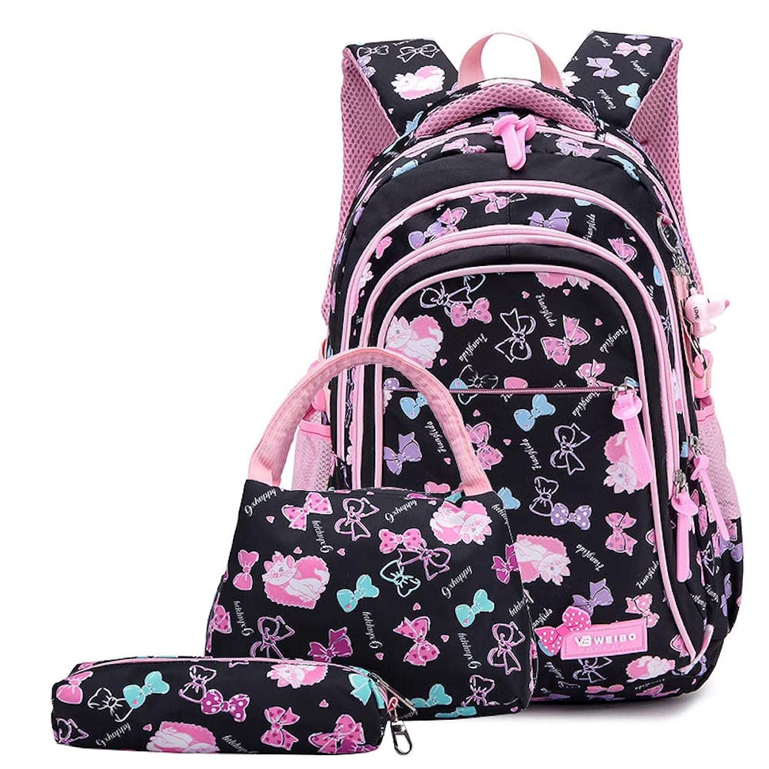 Backpack Student School Bags Set of 3 Girls Cute Cat Print Bookbag Primary Junior High Waterproof Rucksack Black