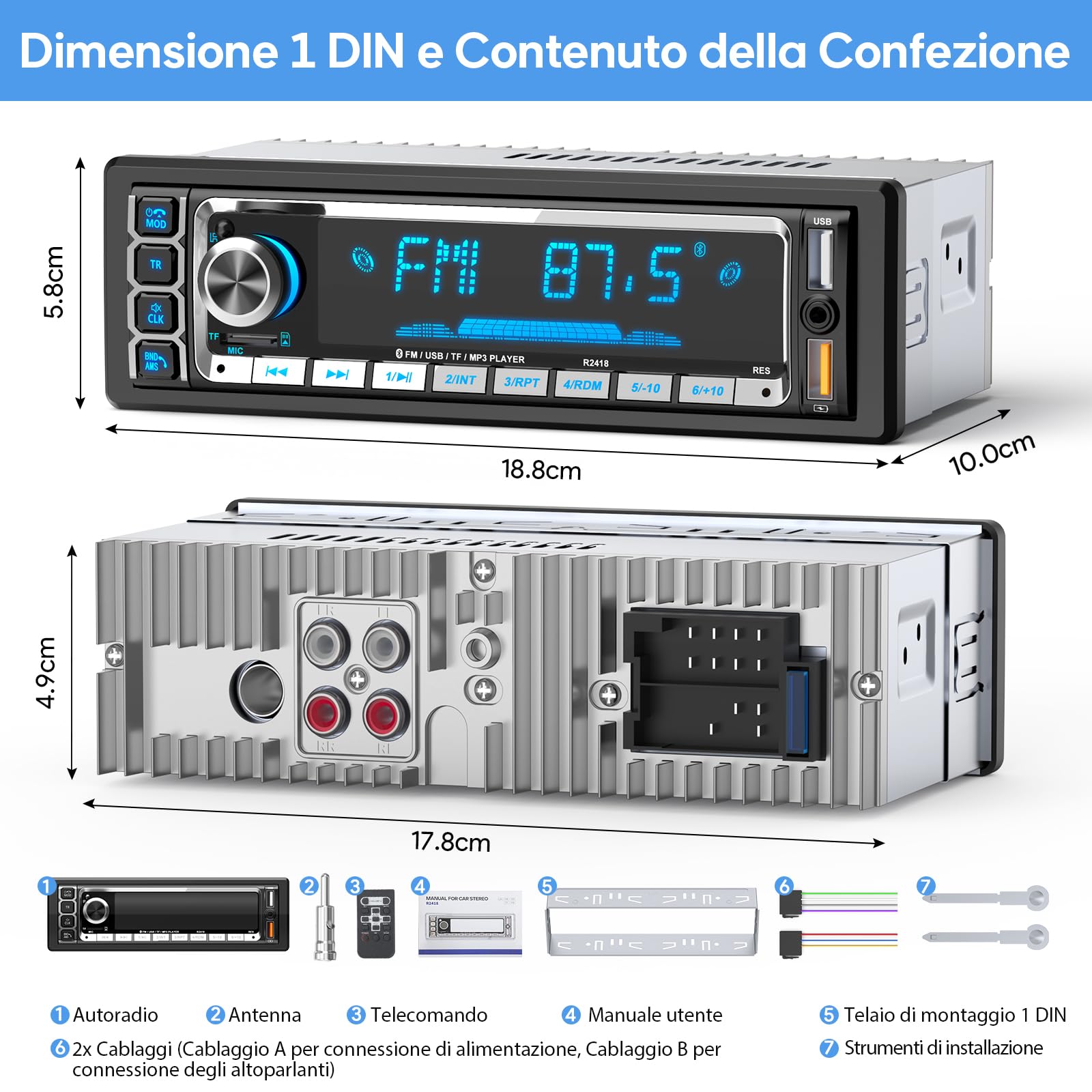RDS Autoradio Bluetooth 5.0 Vivavoce, Wistrue Stereo Auto Bluetooth FM/AM Autoradio1 Din per Auto, Supporto Vivavoce 2USB/AUX/SD/TF/iOS Android