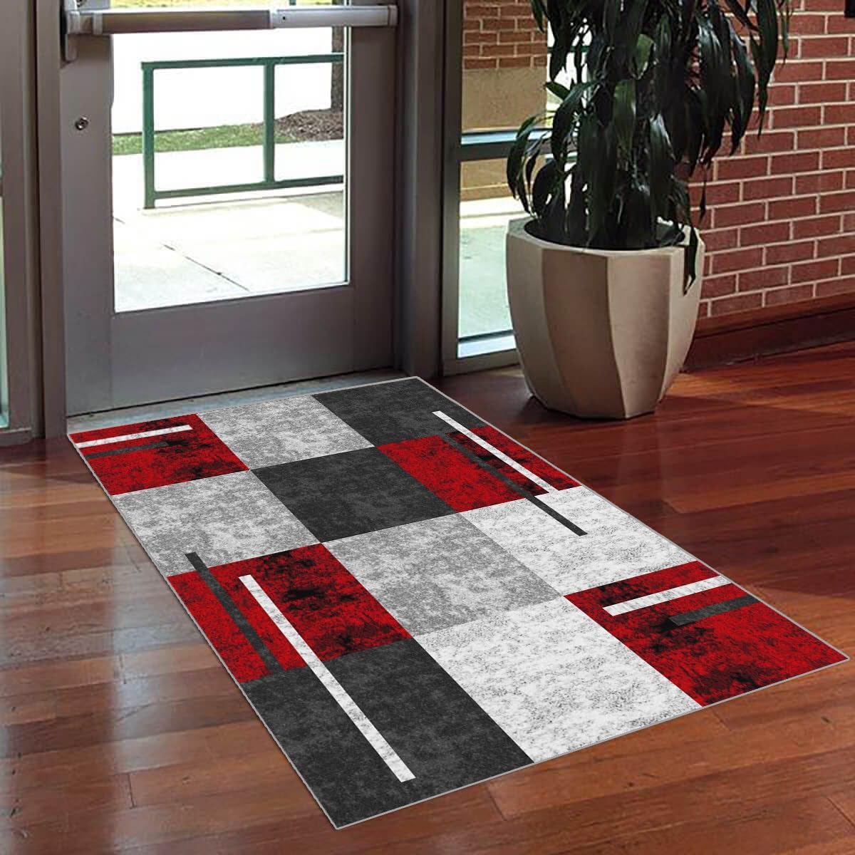 Geometrisch Teppich Läufer Flur Grau Rot Lang rutschfest Kücheläufer Waschbar Schlafzimmer Bunt Teppich Läufer 70x180cm Dauerhaft Läuferteppich Flurläufer Korridor Fußmatte Meterware