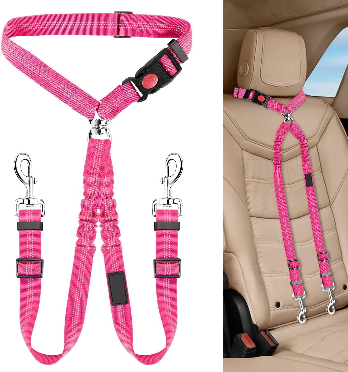 Dual Dog Car Seat Belt with Headrest Restraint & Tangle-Free Leash