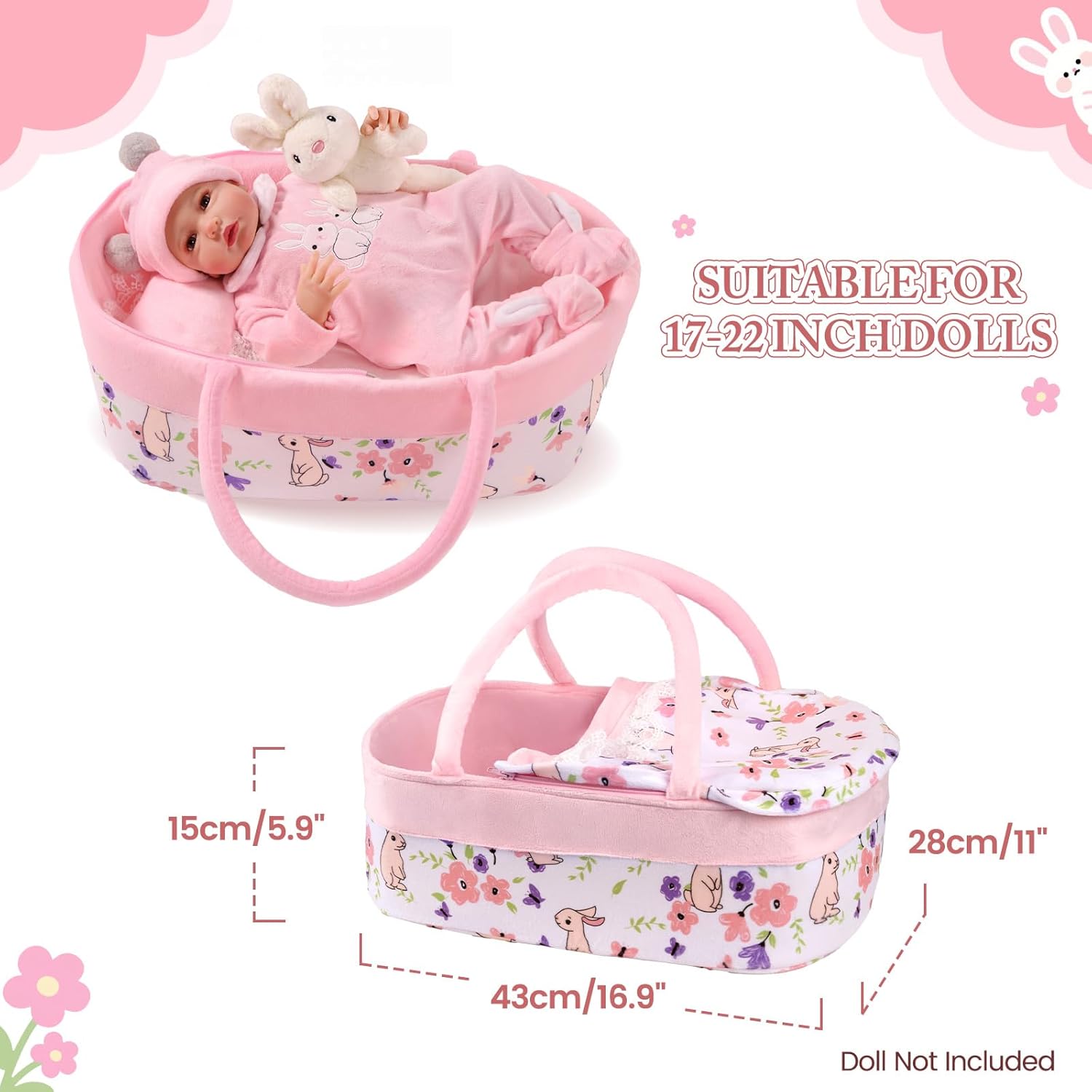 BABESIDE 8 Pcs Reborn Baby Doll Clothes with Bassinet for 17-22 Inch Baby Dolls, Baby Dolls Clothes Doll Accessories Set for Realistic Baby Dolls Girl (Not Doll)