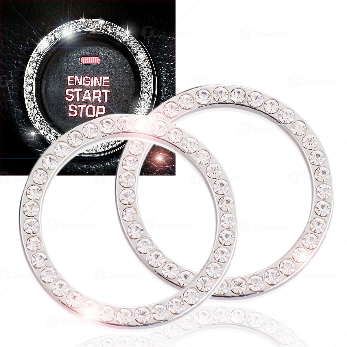 Chrystal Bling Ring Emblem Sticker- Zone Tech Rhinestone Start Engine- Ignition Button Car Key Knob-Interior Bling Push Button Auto- Decorative Decal Unique Silver Sparkly- Vehicle Rings Woman 2 pack