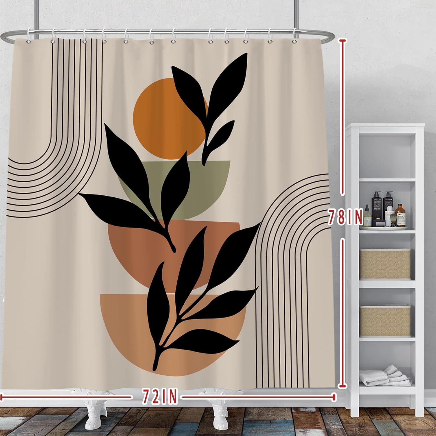 Baocicoo Boho Mid Century Shower Curtain Set Modern Minimalistic Leaves Shower Curtain for Bathroom Dormitory Bathtub Decor Durable Fabric Waterproof Curtain for Bathroom with Hooks 72x78 Inches
