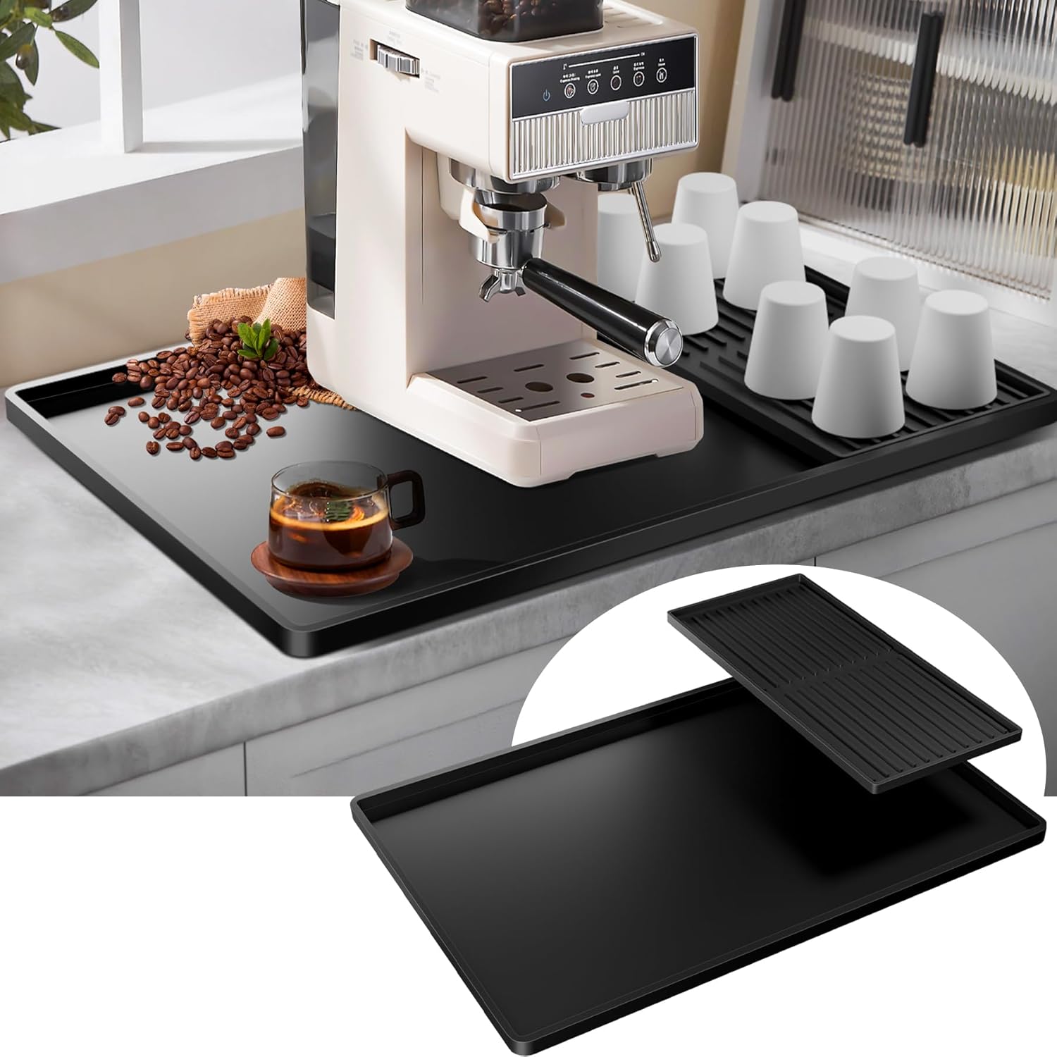 Silicone Coffee Mat, 24-in x 16-in Coffee Bar Mat with Removable Dishwasher Drying Mat for Countertops, Coffee Bar Accessories Fit Under Coffee Maker Espresso Machine, Dish Drying Mat (Black)