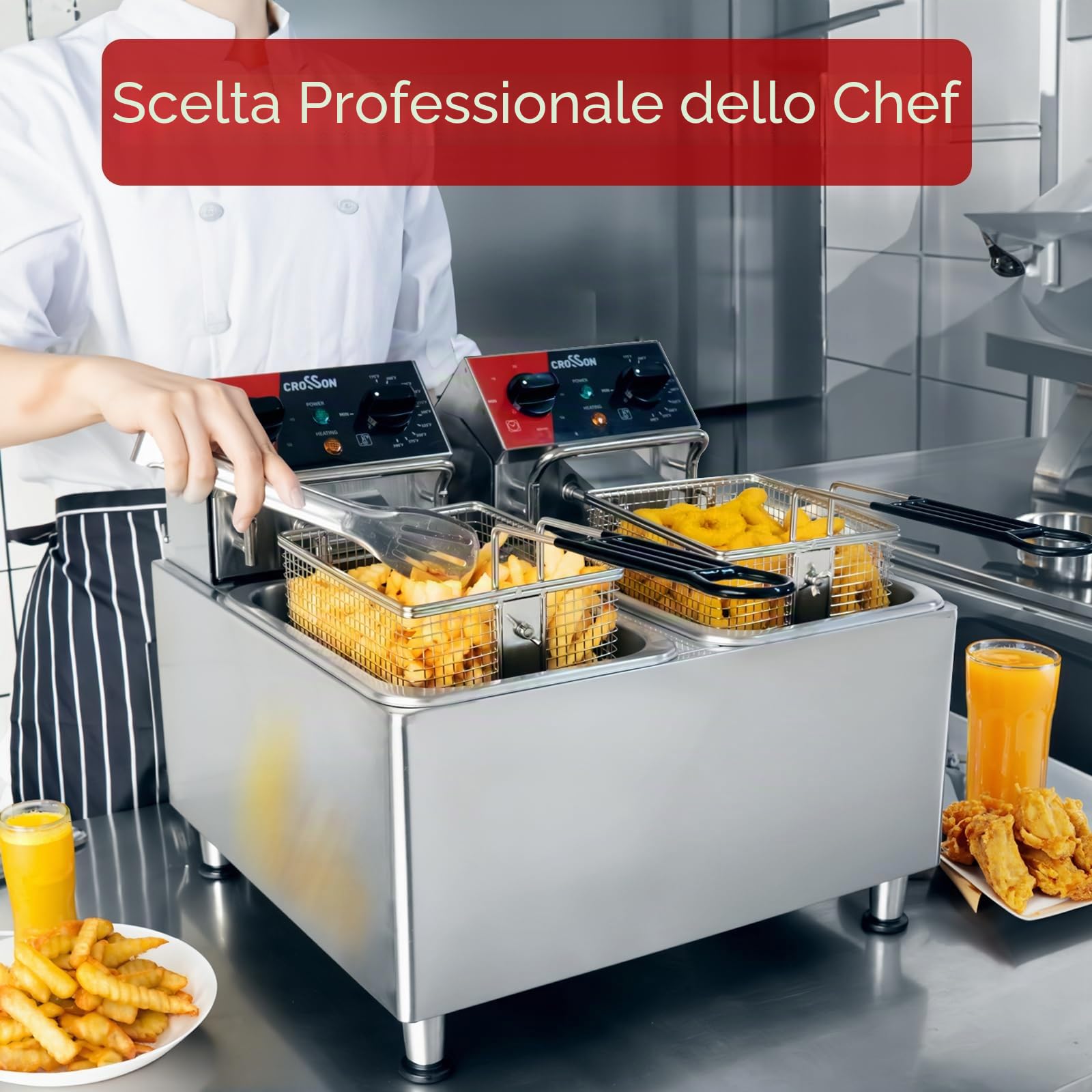 Friggitrice commerciale elettrica a doppio serbatoio CROSSON 8L con testa della friggitrice rotante, timer da 30 minitu, serbatoio dell'olio rimovibile