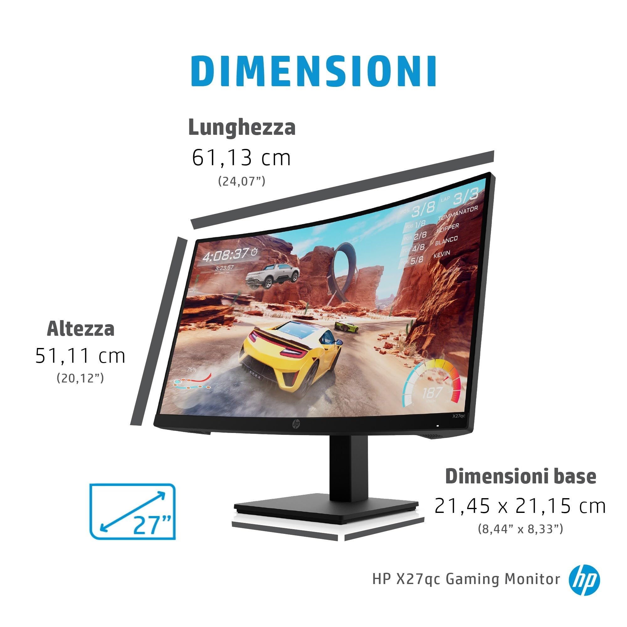 HP X27qc Gaming Monitor Curvo da 27 pollici, Pannello VA 16:9 QHD 165Hz, 1 ms, Antiriflesso, 350 nits, 3000:1, AMD FreeSync Premium, Low Blue Light, VESA 10x10 cm, HDMI 2.0, Displayport 1.4, Nero