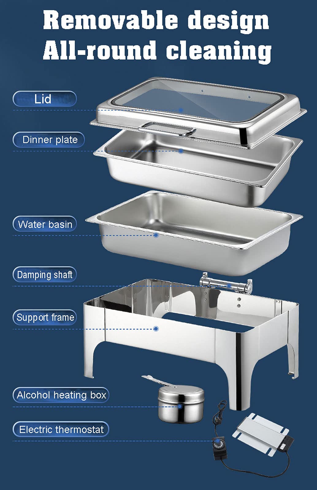 Scaldavivande, Chafing Dish per Buffet Hotel Feste, Vassoio Acciaio Inox Rimovibile, 9L 13L Contenitori Scalda Vivande, Coperchio Visivo per Una Facile Visualizzazione del Cibo Interno