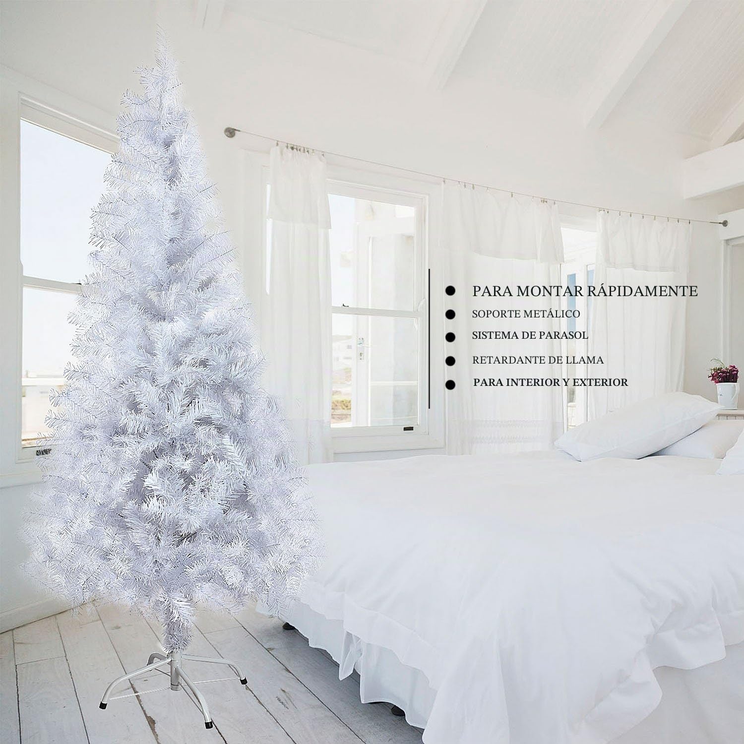Árbol de Navidad Artificial Pino 120/150/180/210CM Árbol Espeso y Lujo Verde/Blanco/Nevado con Copos de Nieve Blancos y Piñones de Pino Soporte Metálico Árboles - Blanco, 180cm, 600 Puntas