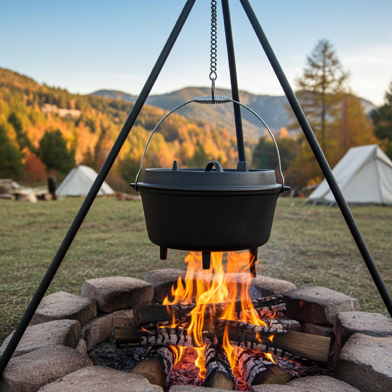 QLS Kociołek żeliwny Dutch Oven 6 L z pokrywą | Masywne żeliwo równomiernie trzyma ciepło. Do zup, gulaszy i duszenia na grillu, żarze lub ognisku
