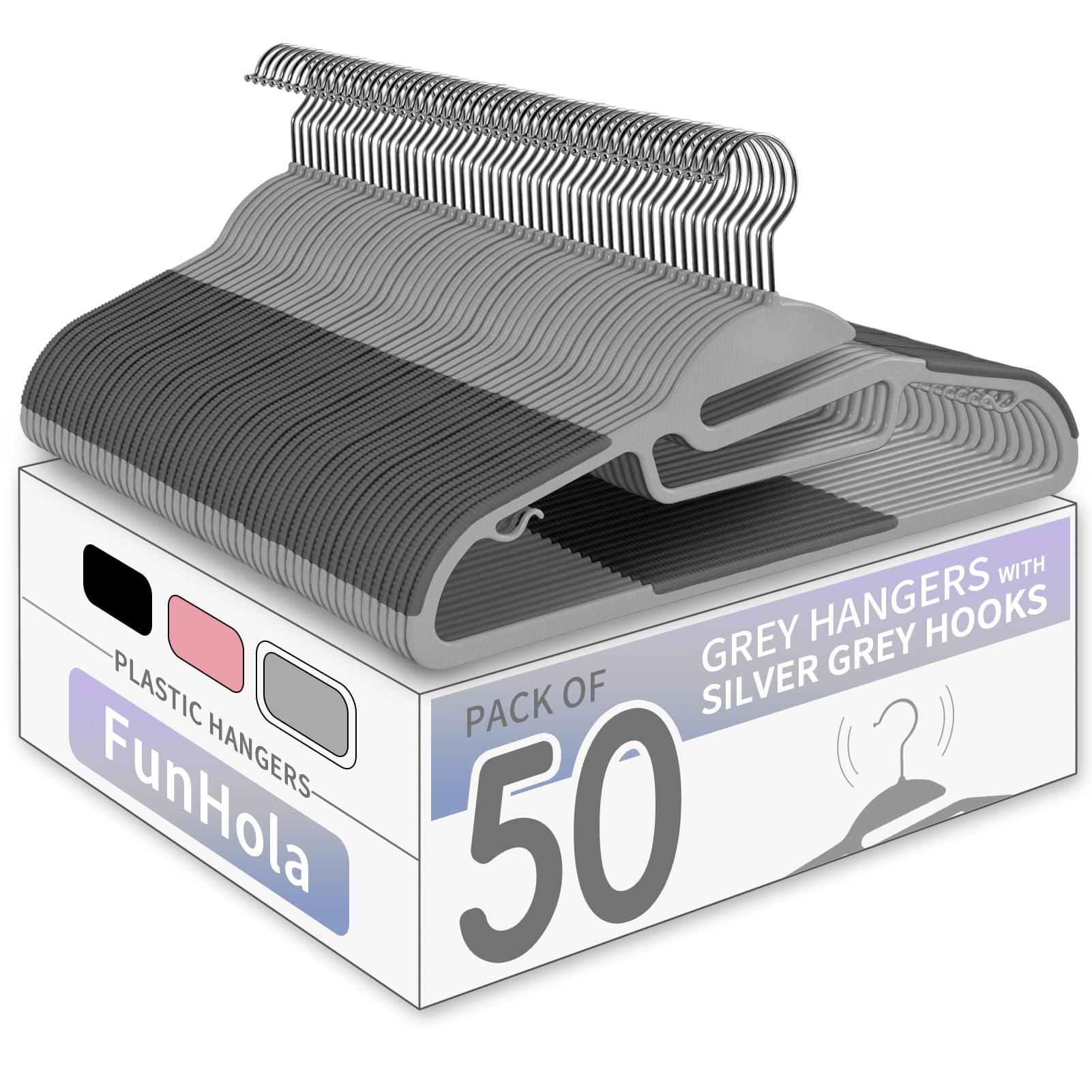 One-Color Look S-Shape Plastic Hangers Non Slip, 50 Pack, Luxury Coat Hangers, Space Saving up to 40%, Gray Plastic with Silver Gray 360ยฐ Swivel Hook