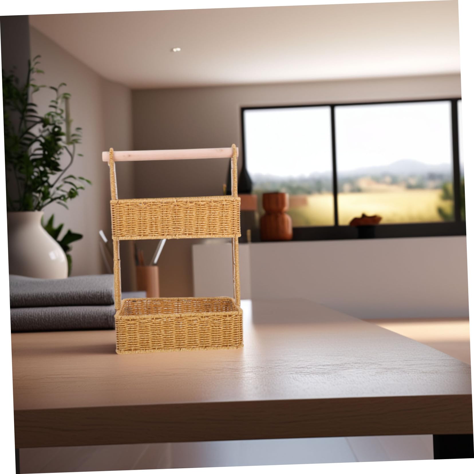2poziom Dwupoziomowy Woven Storage Basket z Wieszakiem Stylowy Kosz Do Przechowywania Przekąsek Idealny Do Kuchni Łazienki i Sypialni Wykonany z Hyacinty Uniwersalne Rozwiązanie