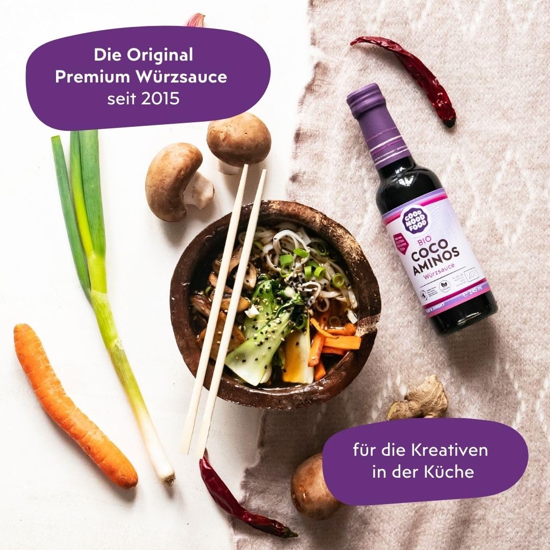 Goodmoodfood Bio Coco Aminos Würzsauce - Alternative Sojasauce, Vegan, Glutenfrei, Histaminfrei, Sojafrei, Umami Geschmack, für Marinaden, Dressings, asiatische Gerichte, als Topping - 2x500 ml