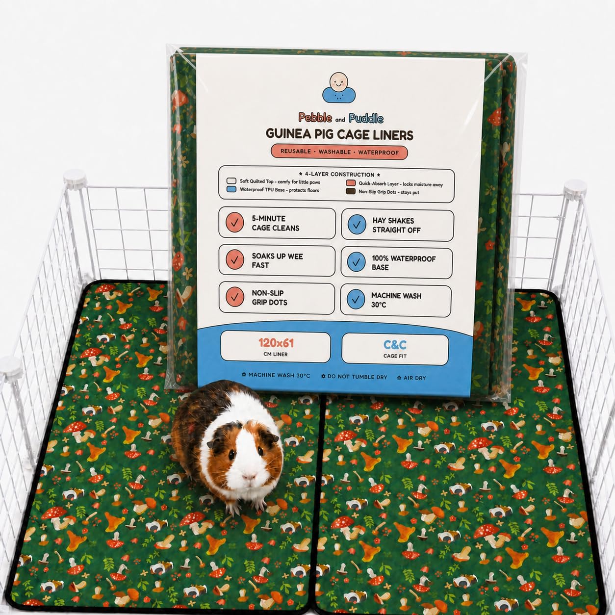 Pebble And Puddle Green Pebble & Puddle Guinea Pig Cage Liners 61X120cm (2-Pack)–Waterproof & Machine Washable Reusable Cage Liners With Absorbent Core (Green)